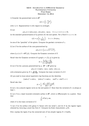 342-0 - Introduction to Differential Geometry extra exercises 8 ...