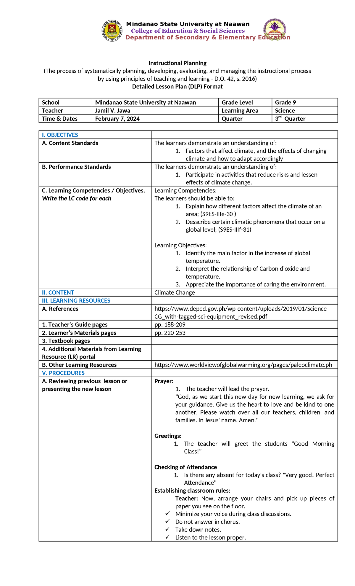 Detailed Lesson Plan - College of Education & Social Sciences ...