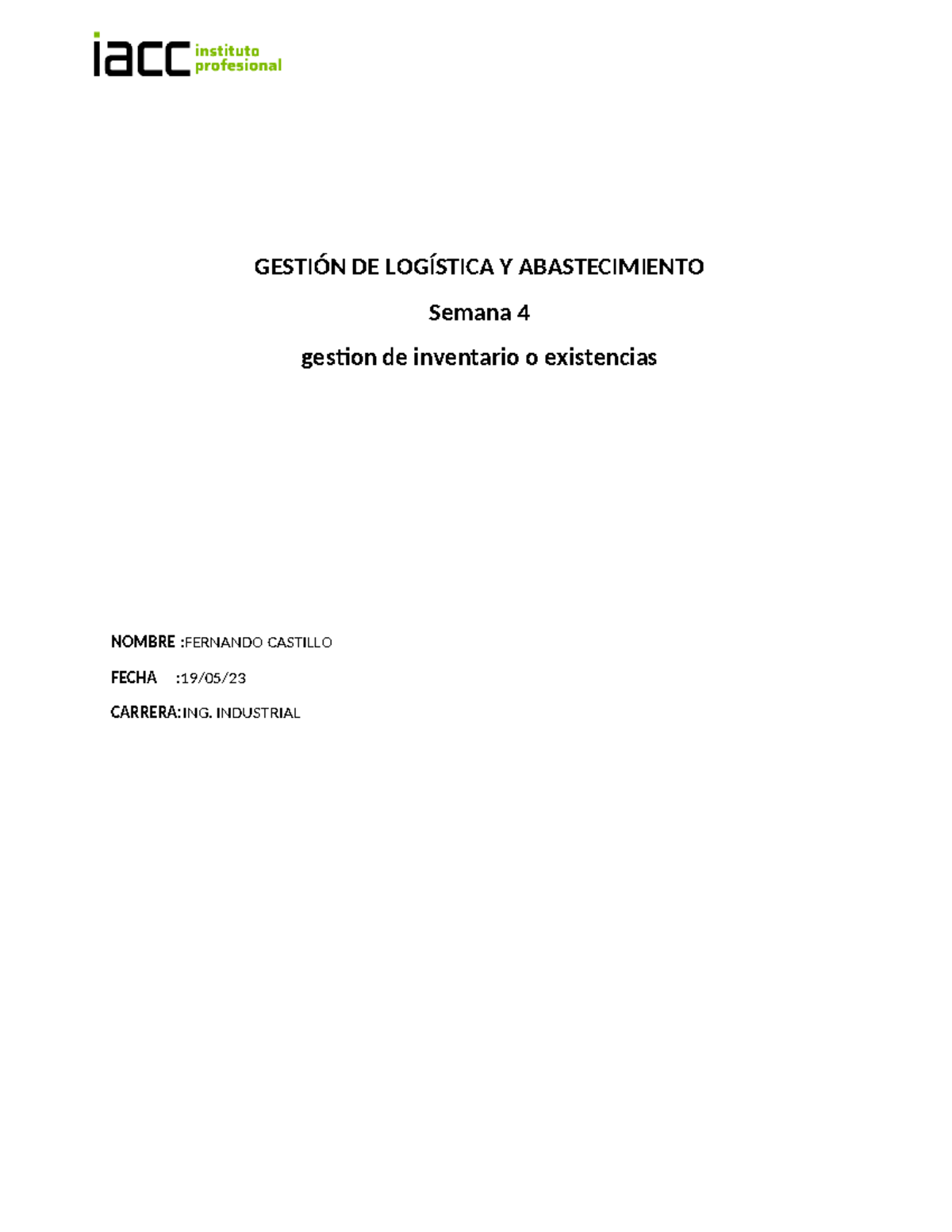 Tarea Logistica Semana 4 - GESTIÓN DE LOGÍSTICA Y ABASTECIMIENTO Semana ...