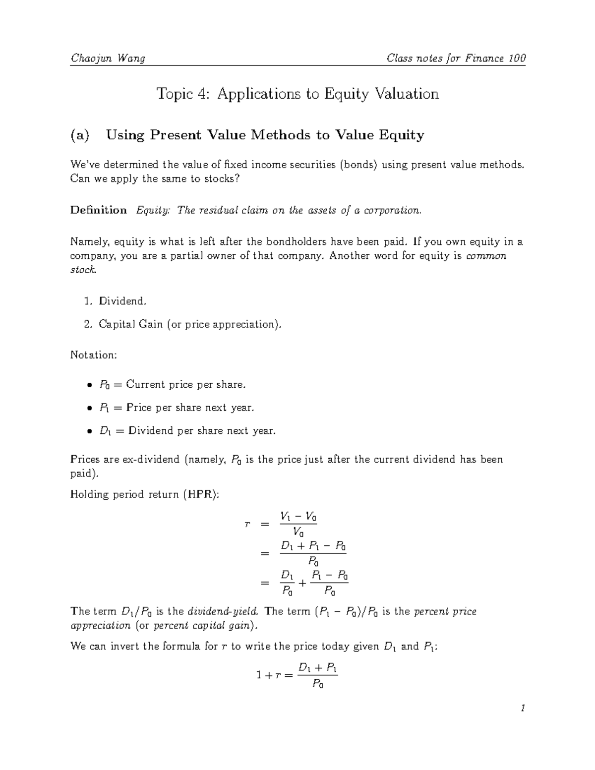 Lecture Notes T 04 - Topic 4: Applications to Equity Valuation (a ...