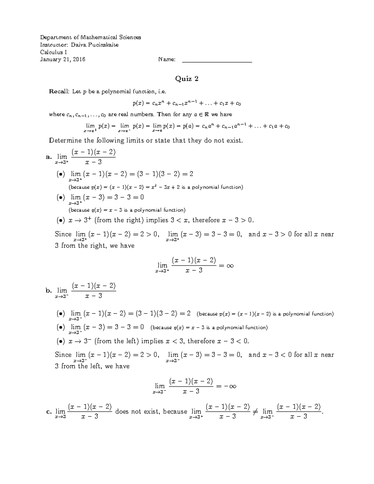 Quiz Calculus I Sping 2016 LA 2 - Department of Mathematical Sciences ...