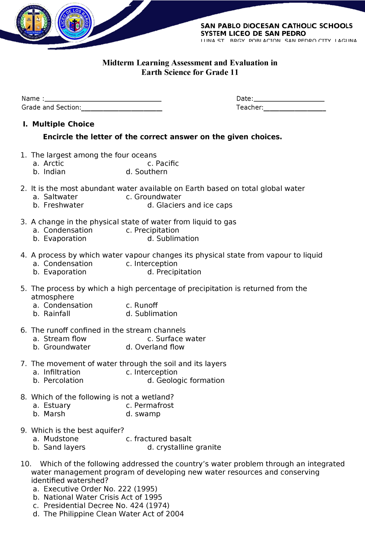 Earth Science- Midterm - S A N P A BLO D I OCE S A N CATH OLI C S CH ...