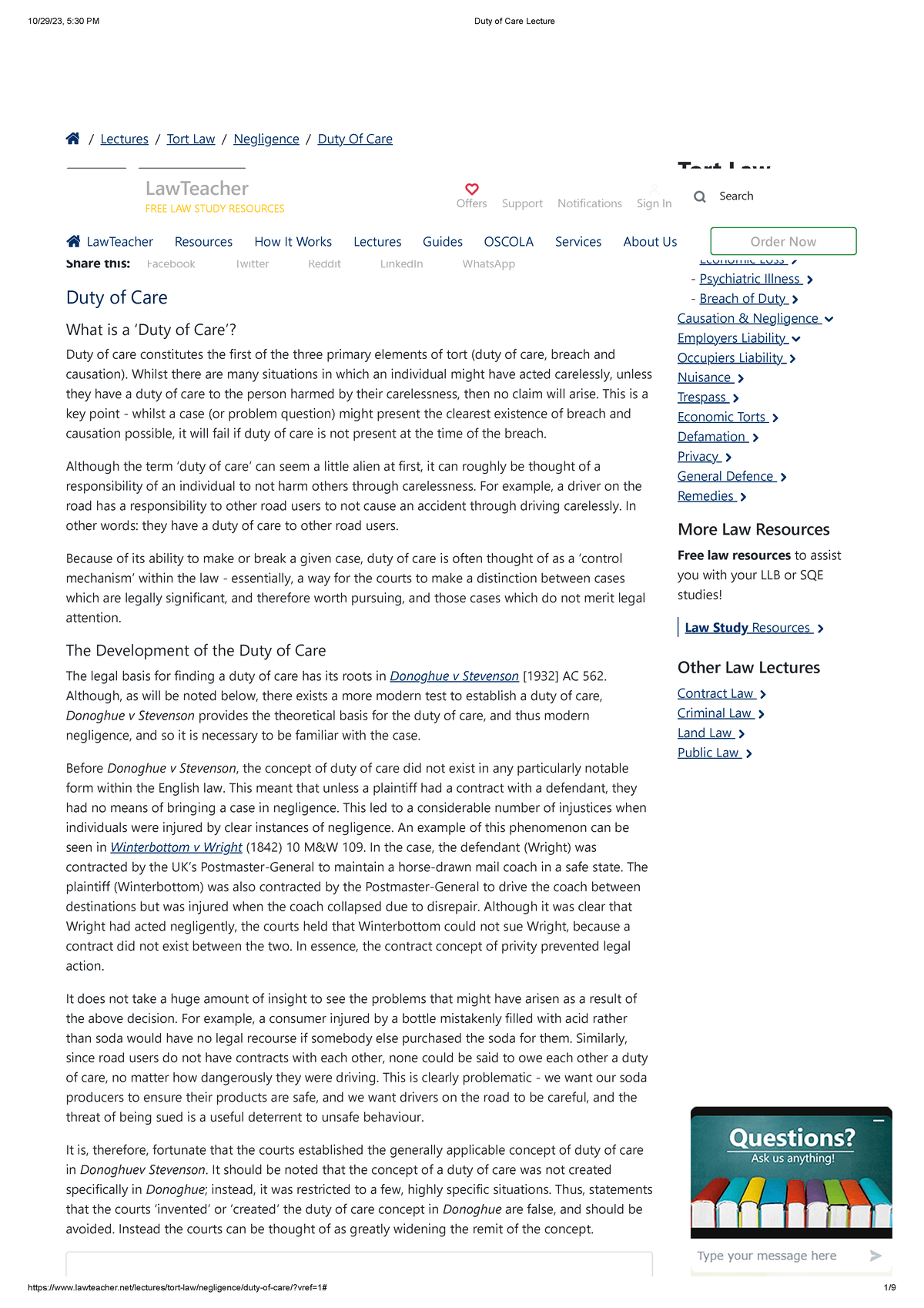 Duty of Care Lecture - duty of care article - / Lectures / Tort Law ...