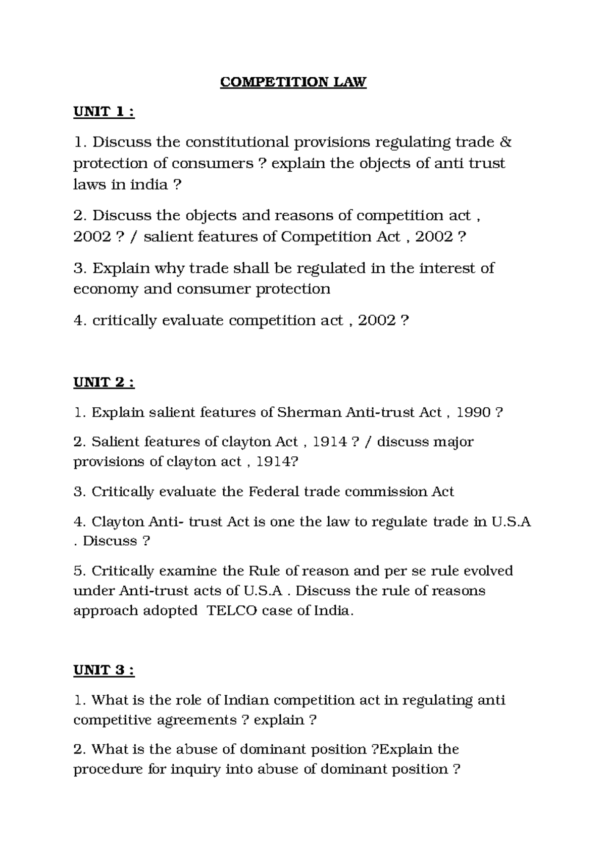 Competition law Important questions COMPETITION LAW UNIT 1 1