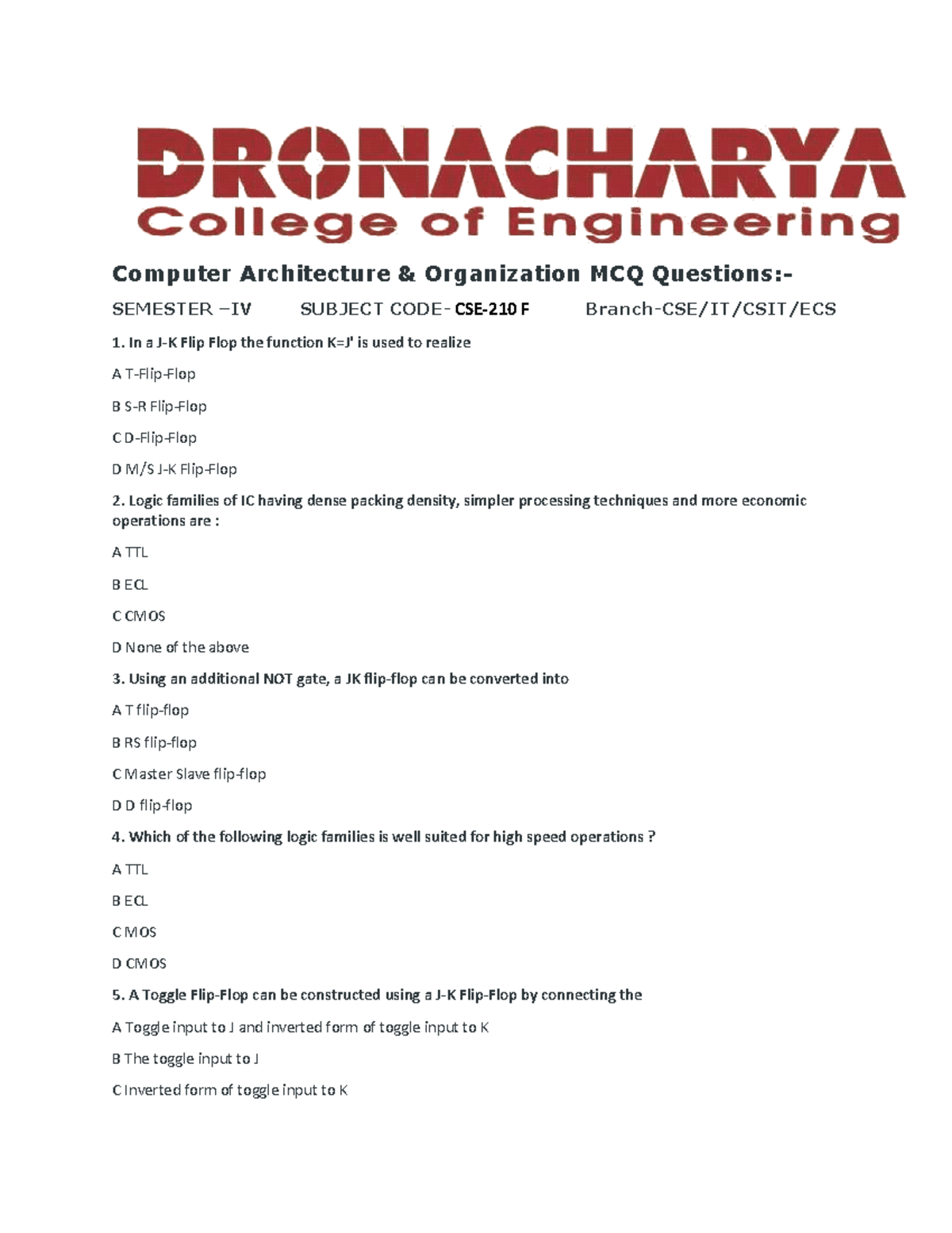Question Bank 15012019 - Computer Architecture & Organization MCQ ...