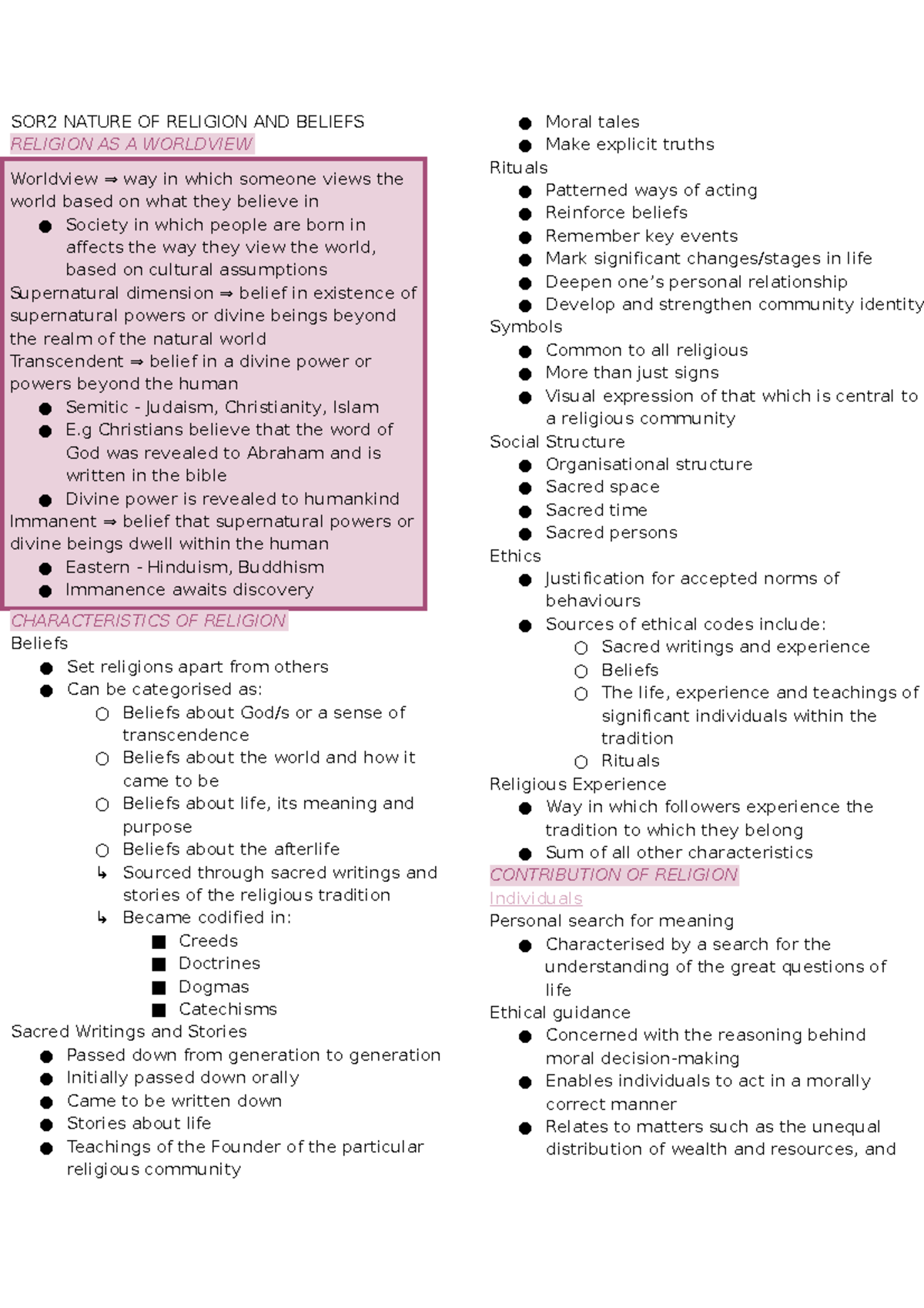 SOR2 Syllabus Notes - SOR2 NATURE OF RELIGION AND BELIEFS RELIGION AS A ...