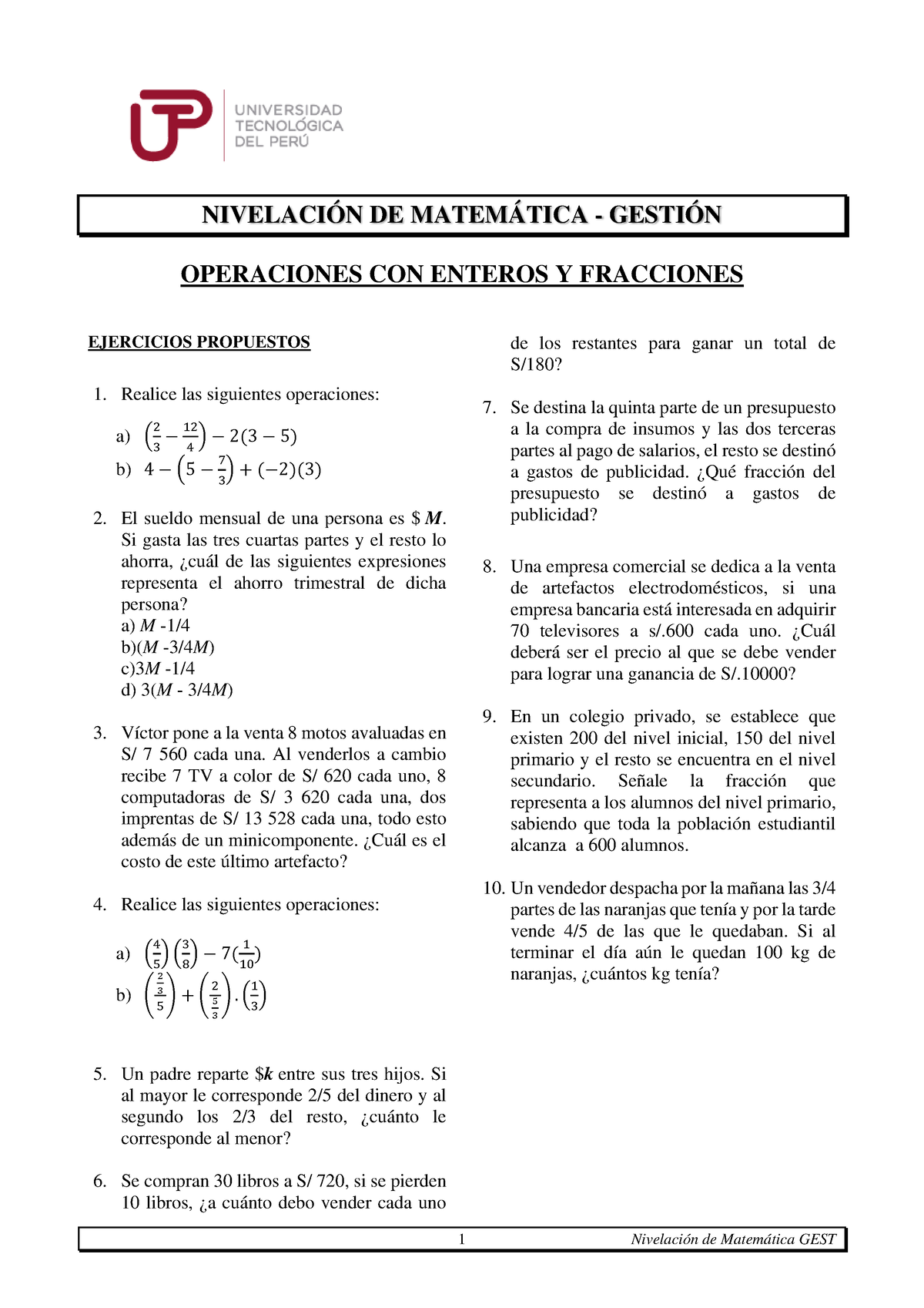  Resolver ejercicios - 1 Nivelación de Matemática GEST NIVELACIÓN DE  MATEMÁTICA - GESTIÓN - Studocu