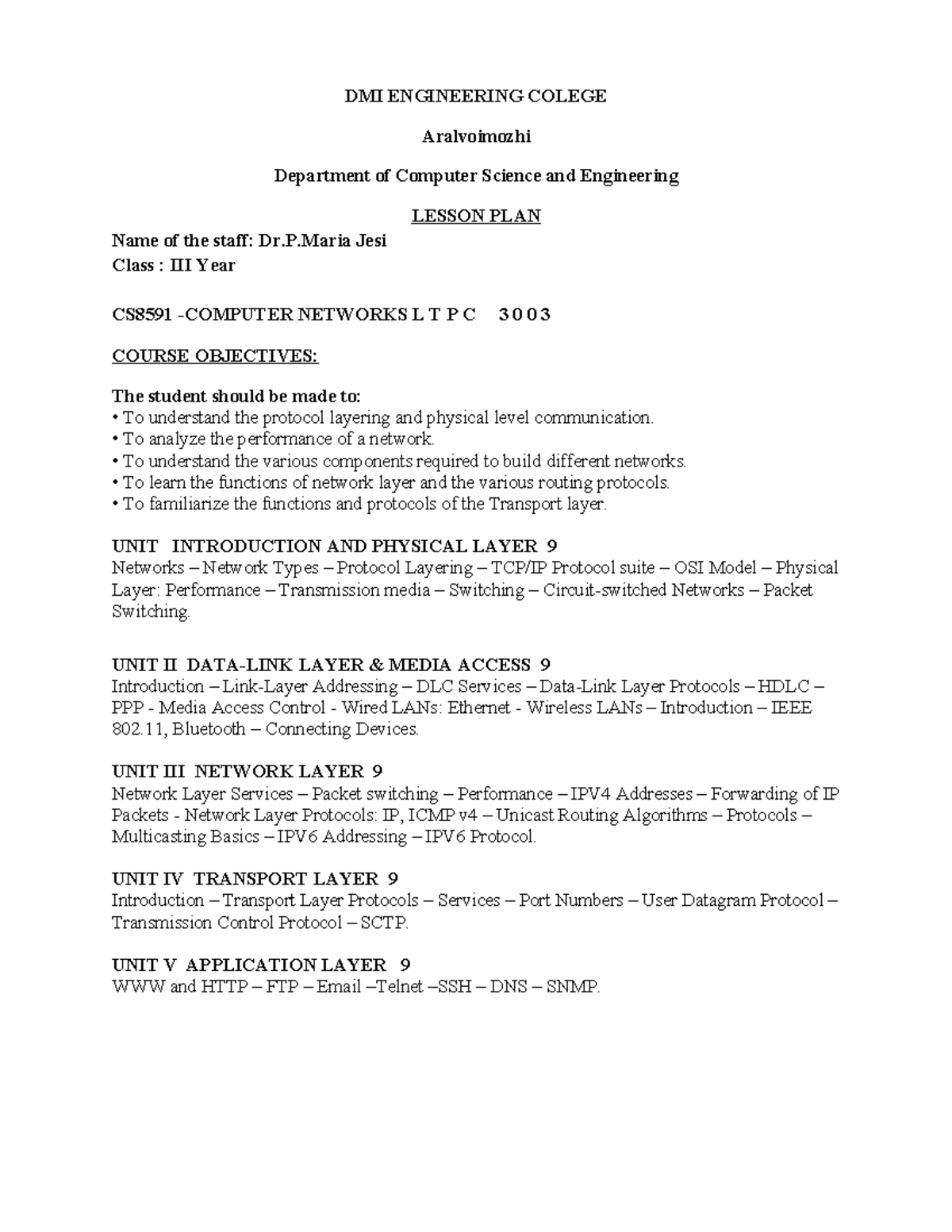 Lession PLAN CN - DMI ENGINEERING COLEGE Aralvoimozhi Department of ...