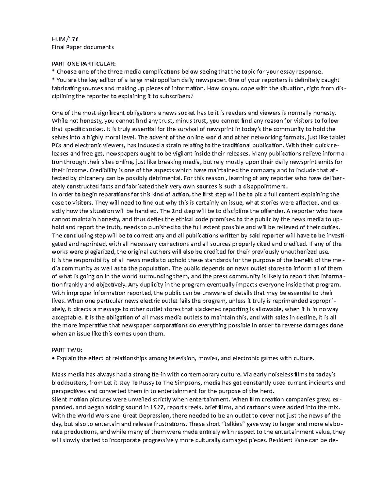 Hum 176 final Paper 1 - assignment - HUM/176 Final Paper documents PART ...