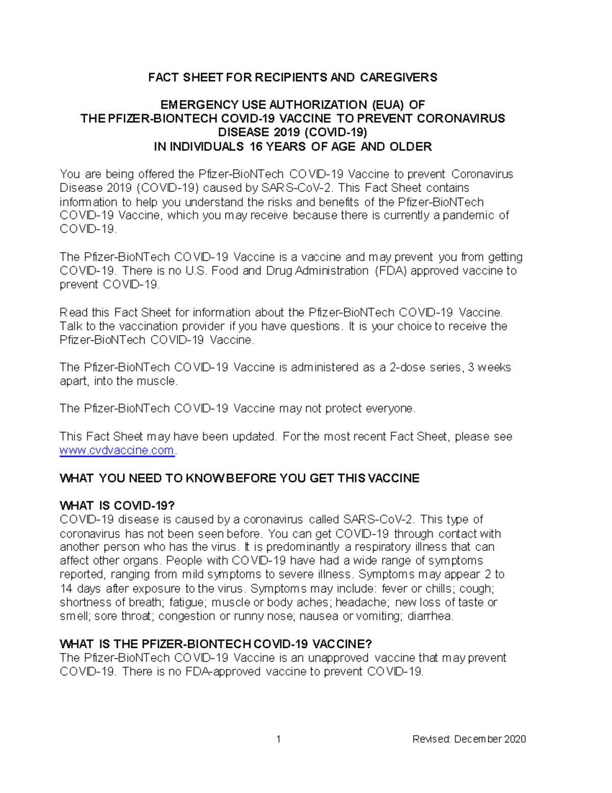 Vaccine information statement - FACT SHEET FOR RECIPIENTS AND ...