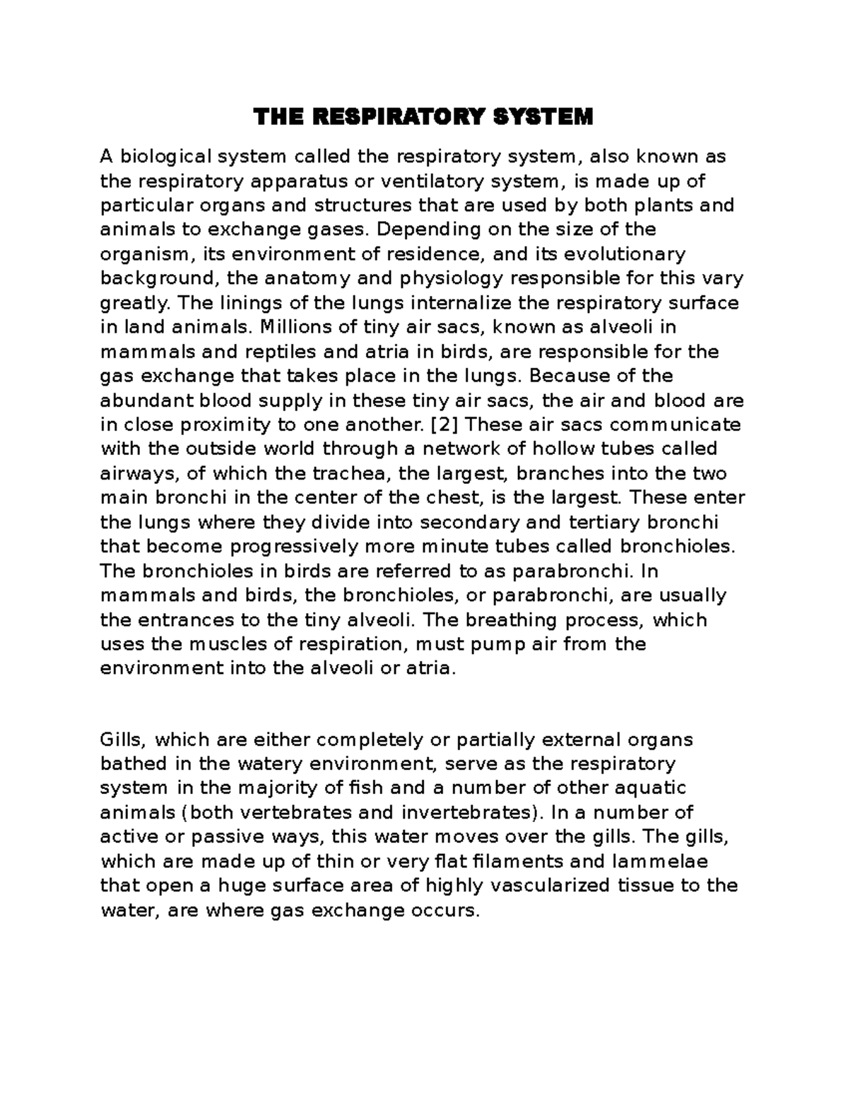 THE Animal GAS Exchange - THE RESPIRATORY SYSTEM A biological system ...