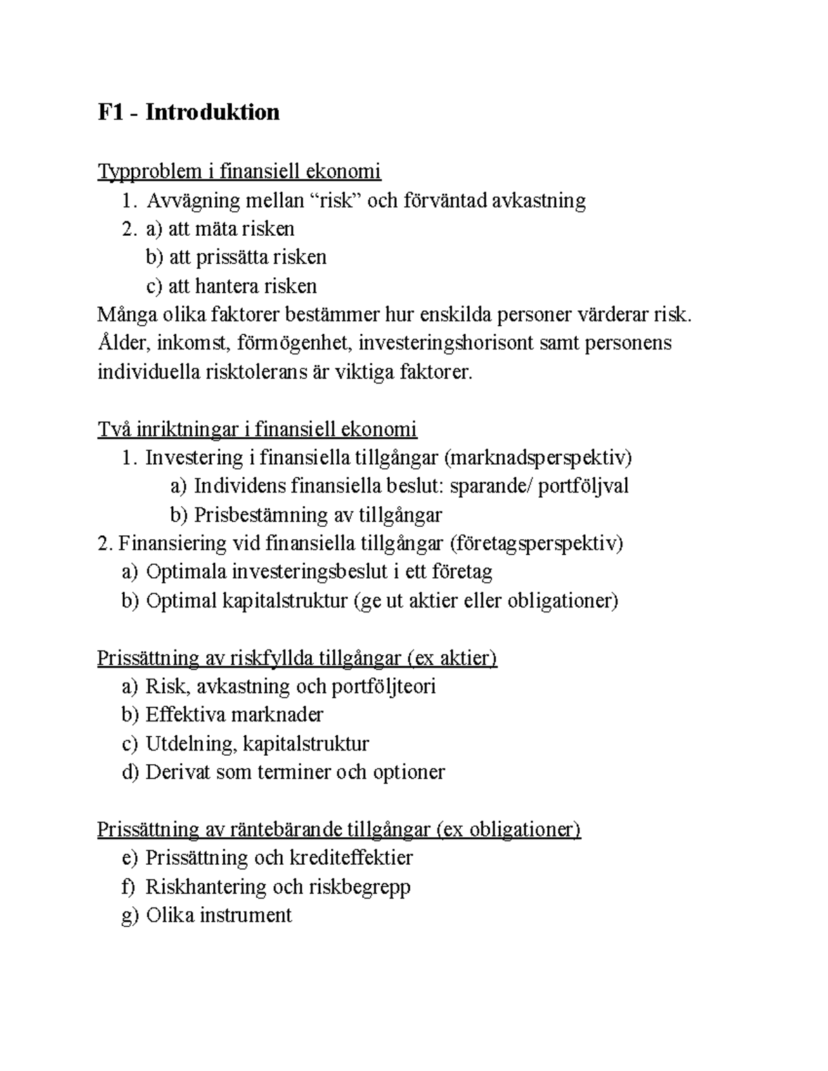 Lektionsanteckningar - Finansiell Ekonomi NEKA12 - F1 - Introduktion ...