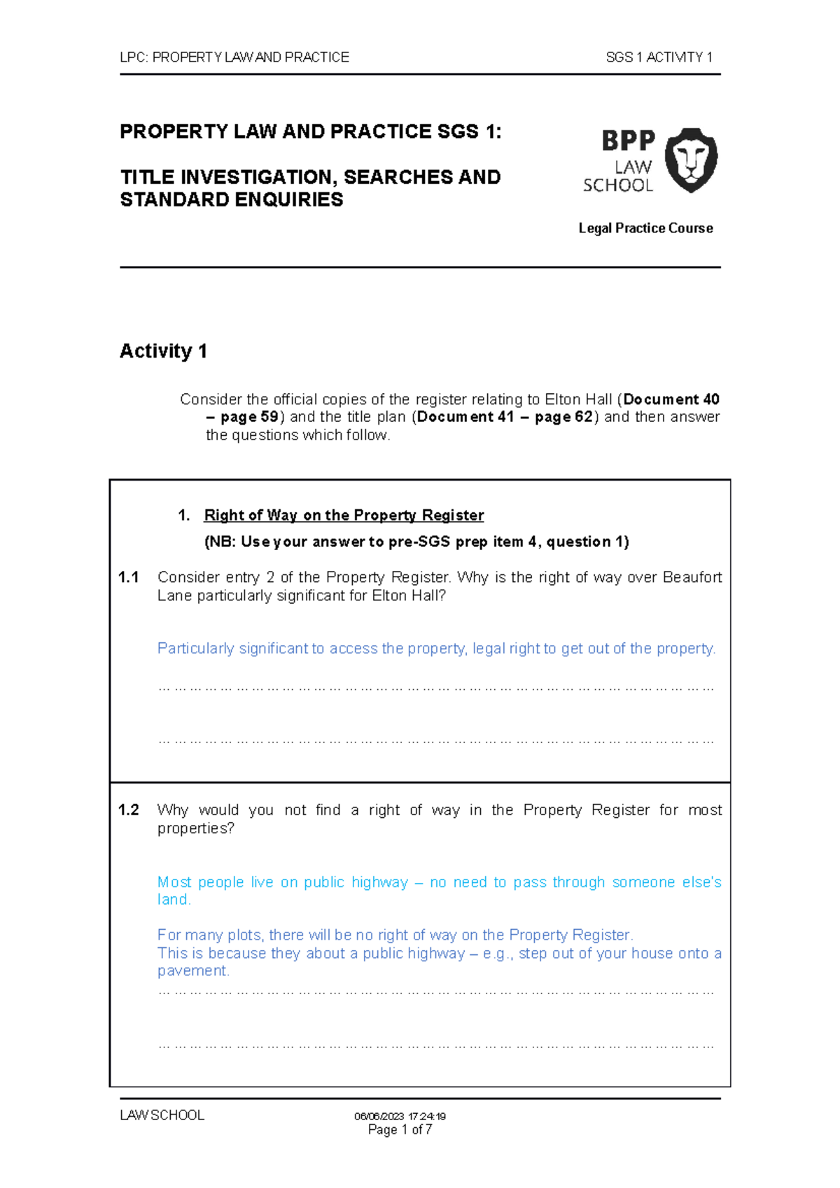 BPP PLP Activity 1 SGS 1 - PROPERTY LAW AND PRACTICE SGS 1: TITLE ...
