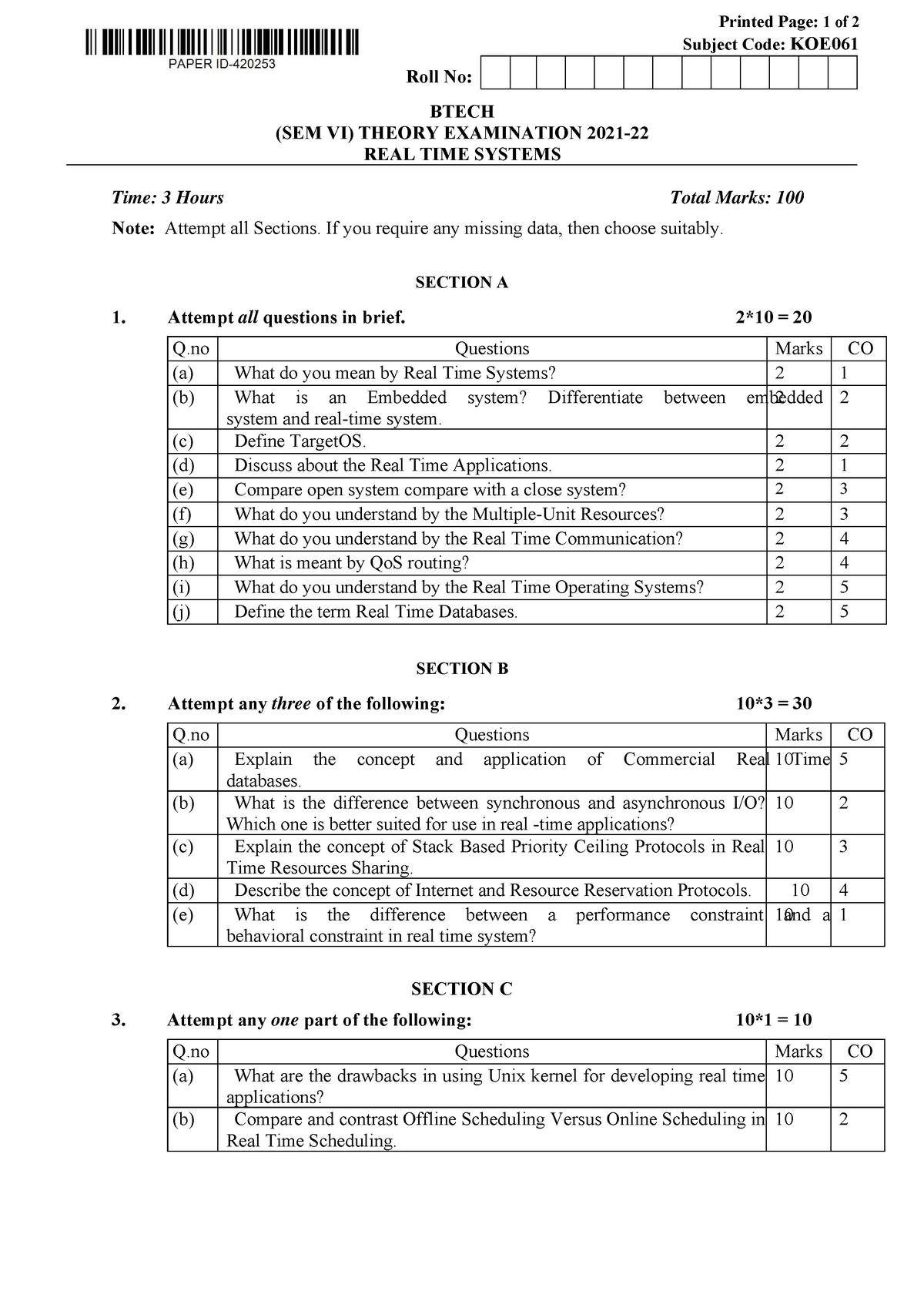 Btech Oe 6 Sem Real Time Systems Koe061 2022 - Printed Page: 1 Of 2 ...