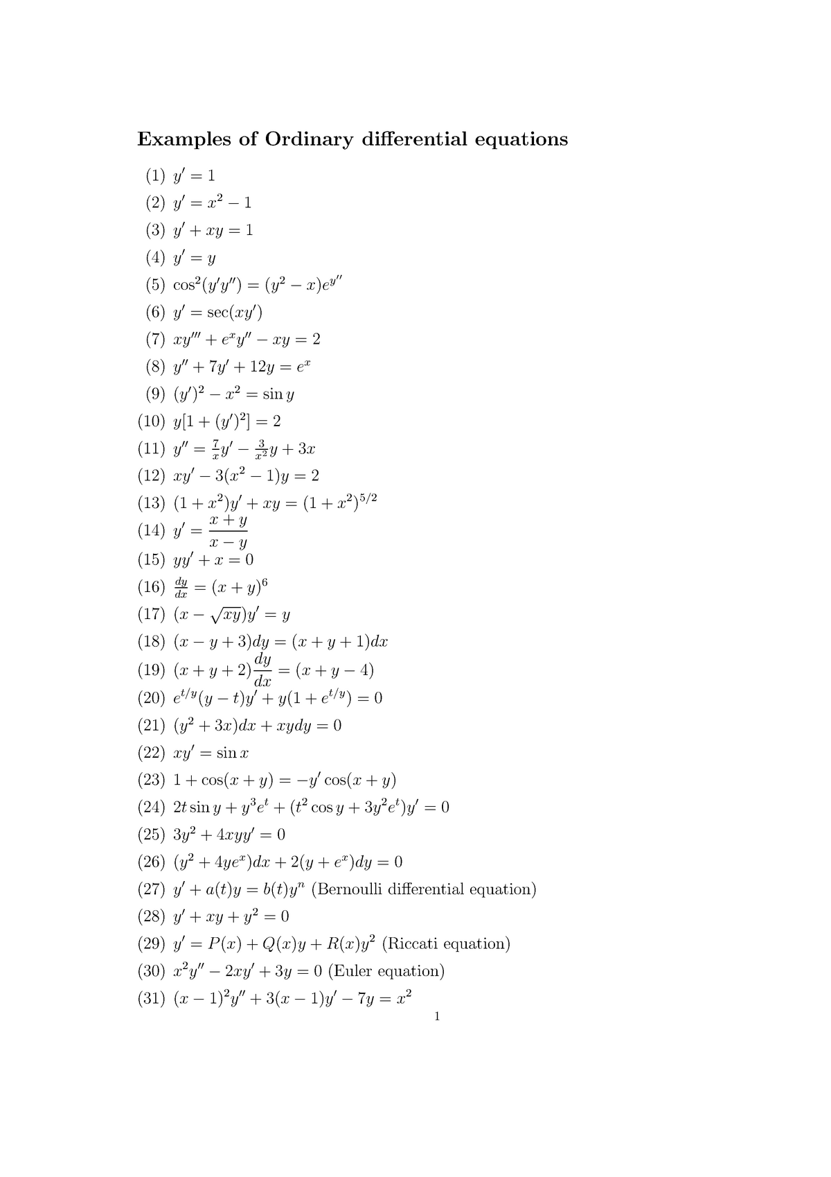 Lec1 Precalculus Examples Of Ordinary Differential Equations 1 Y 1 2 Y X 2 1 3 Y Xy 1 Studocu