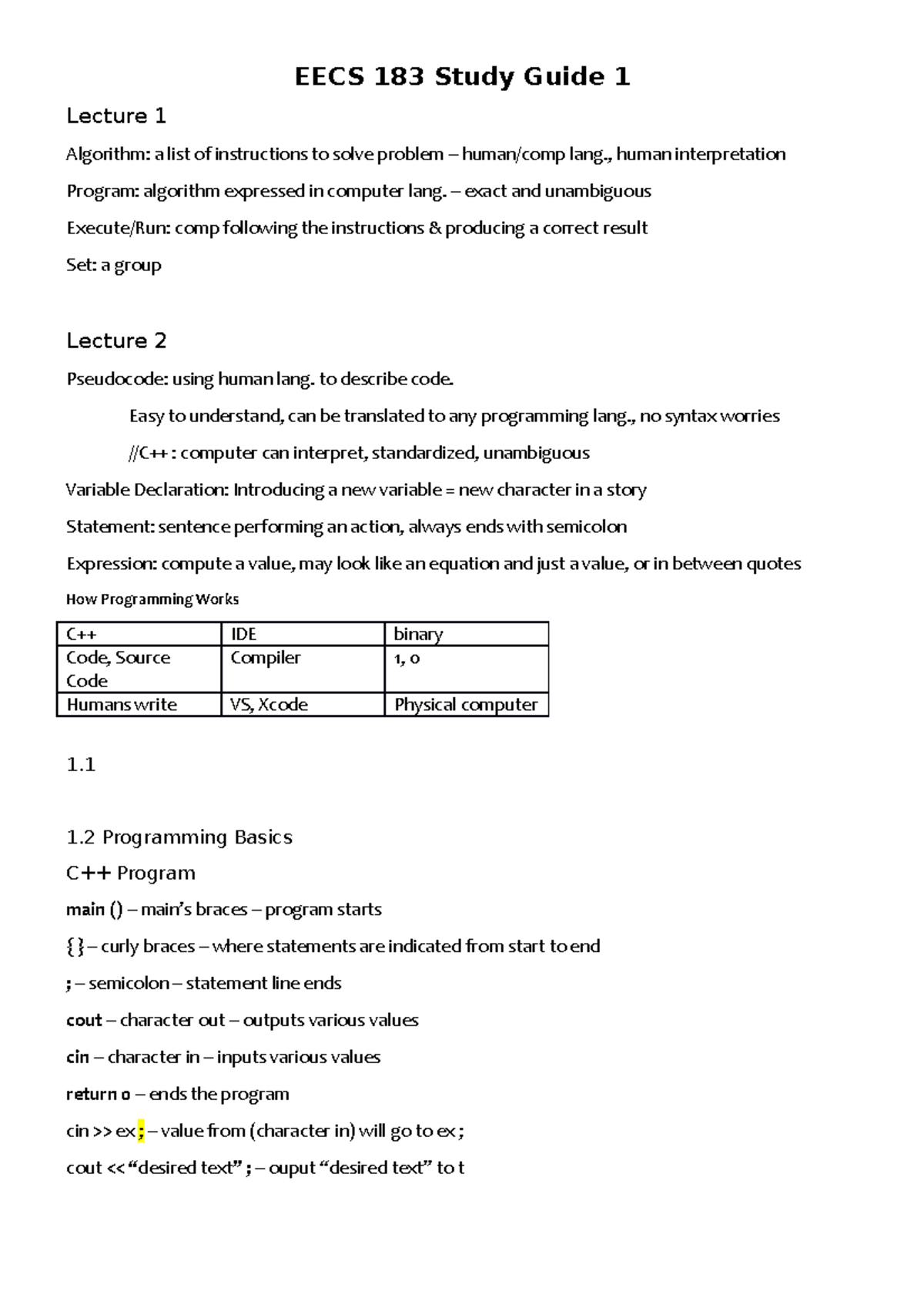 EECS183 Study Guide 1 - EECS 183 Study Guide 1 Lecture 1 Algorithm: A ...