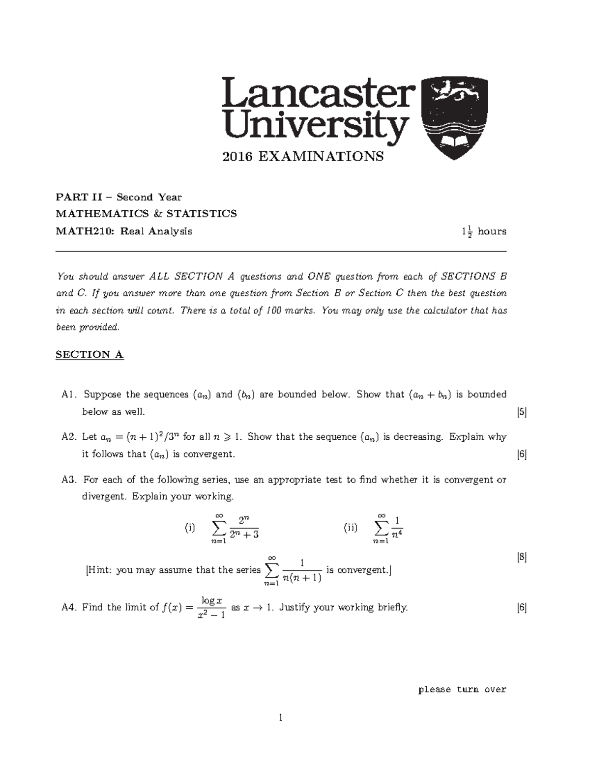 Real Analysis Exam 2016, questions - 2016 EXAMINATIONS PART II – Second ...