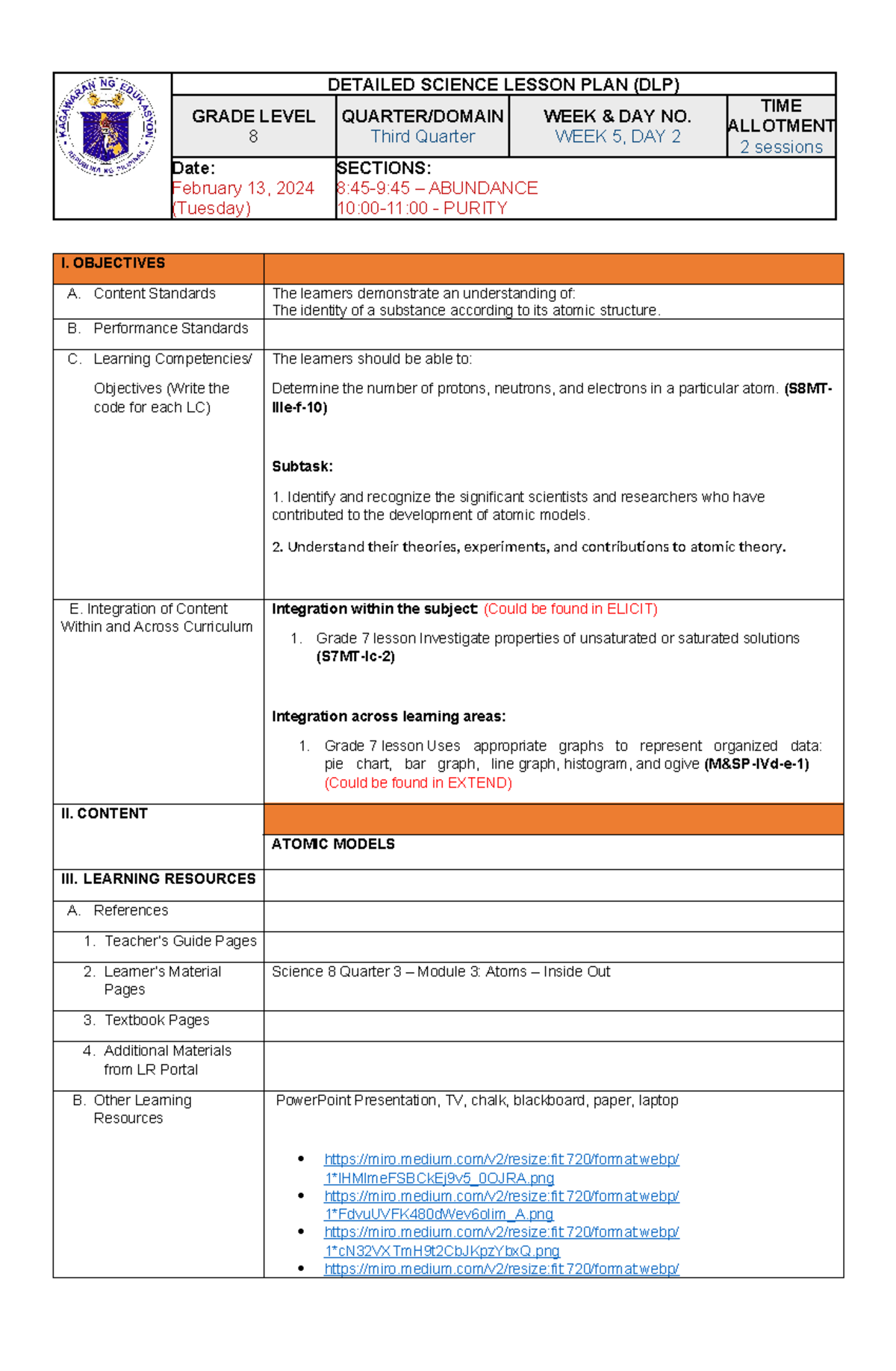 Atomic Model AND Theories - DETAILED SCIENCE LESSON PLAN (DLP) GRADE ...