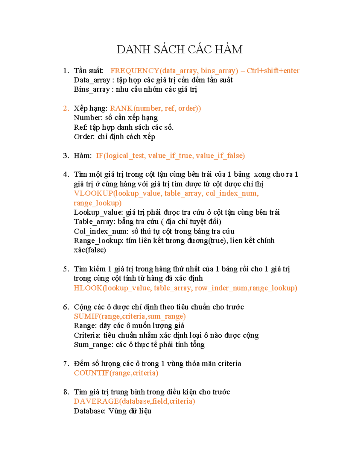 Danh sách các hàm Bài tập DANH SÁCH CÁC HÀM Tần suất FREQUENCY