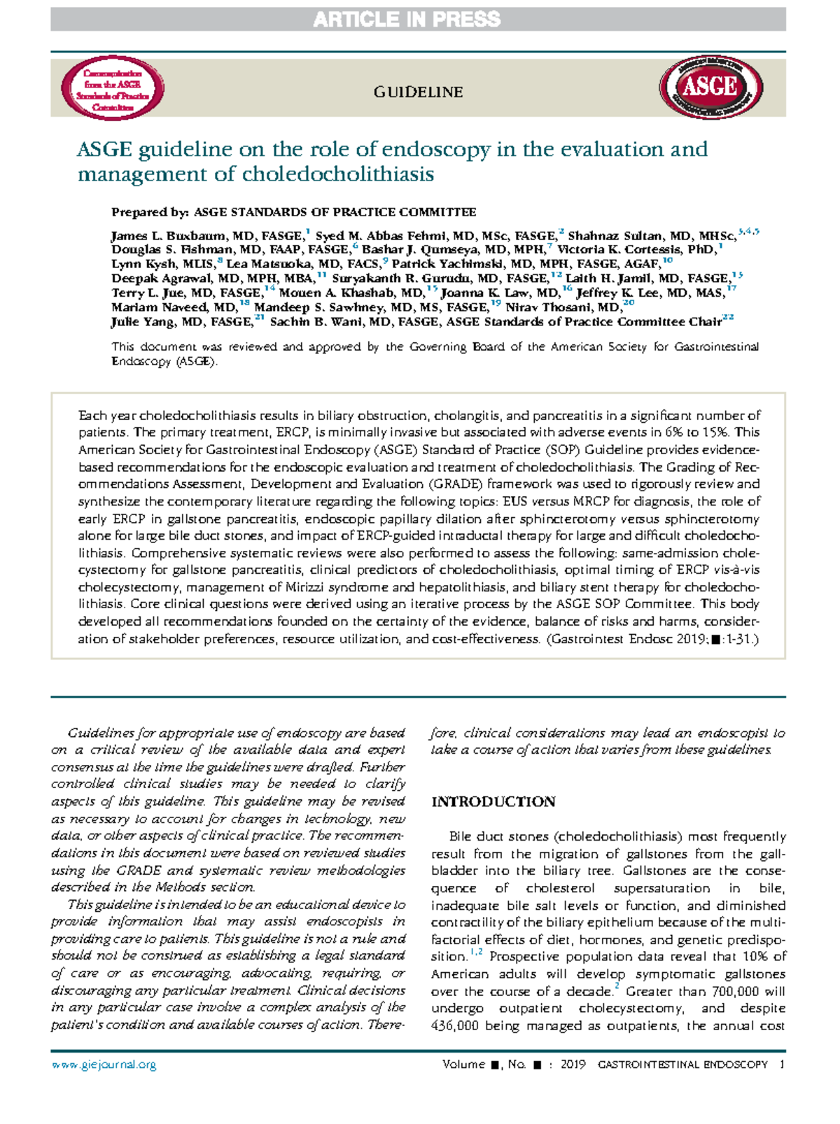 Asge coledocolitiasis 2019 GUIDELINE ASGE guideline on the role of