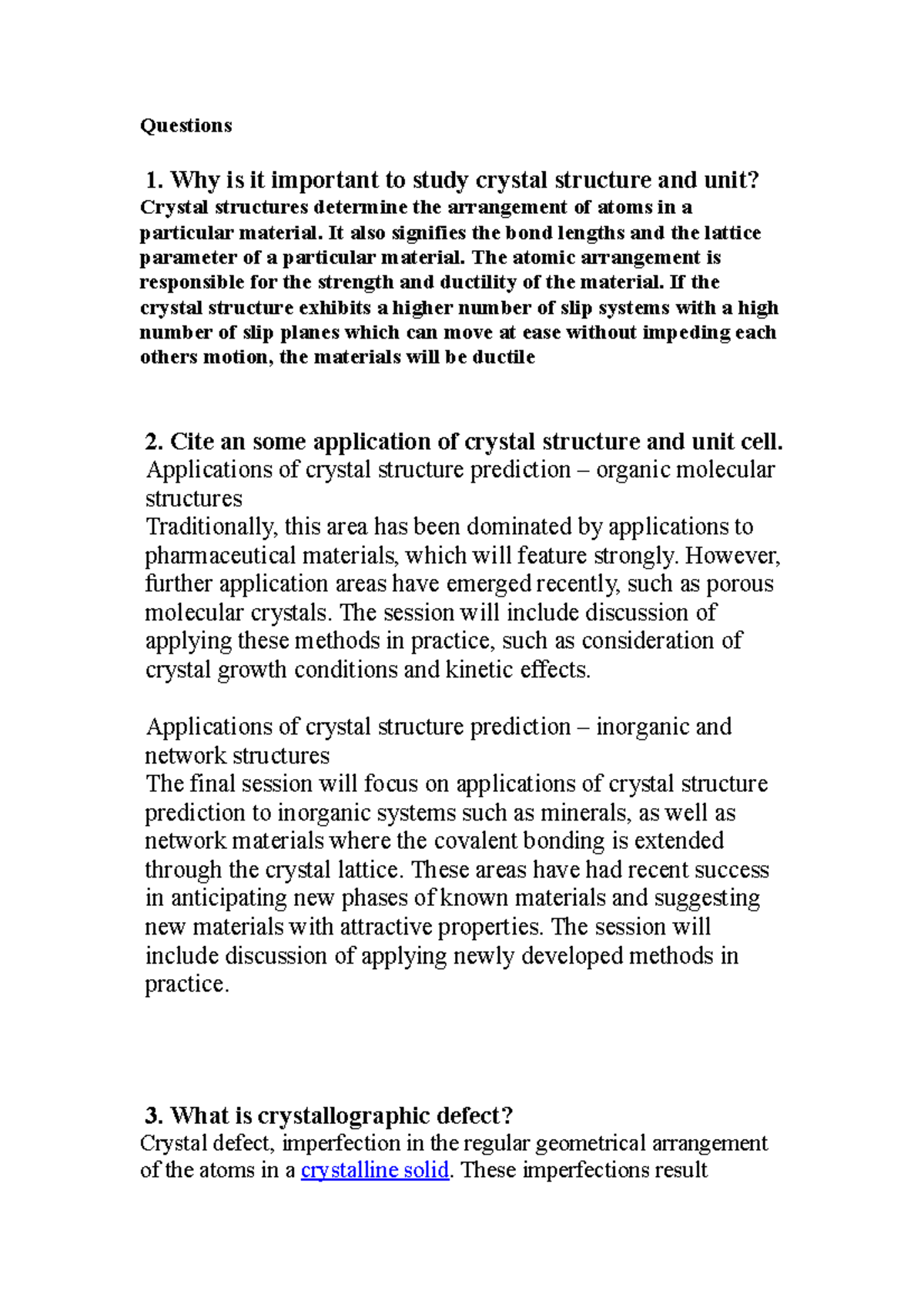 Q and A crystal - Lecture Notes - Questions Why is it important to ...