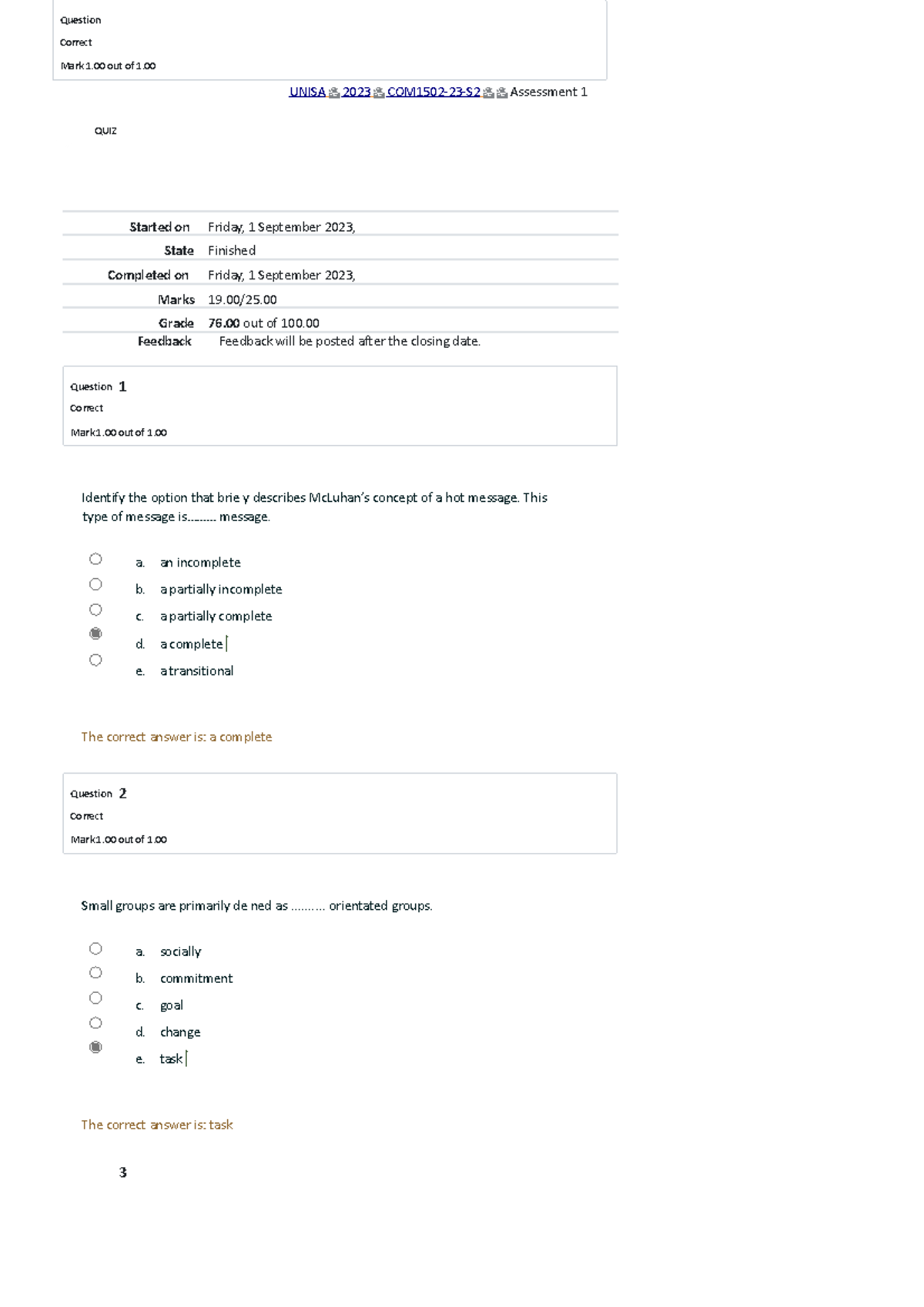 COM1502 Assessment 1 Attempt review - Correct Mark 1 out of 1. UNISA ...