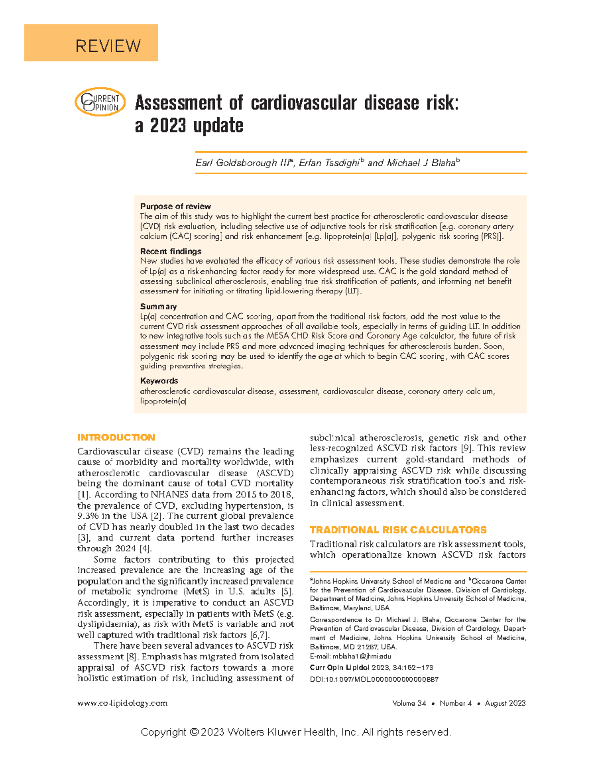 Assessment of cardiovascular disease risk a 2023 update - coronary ...