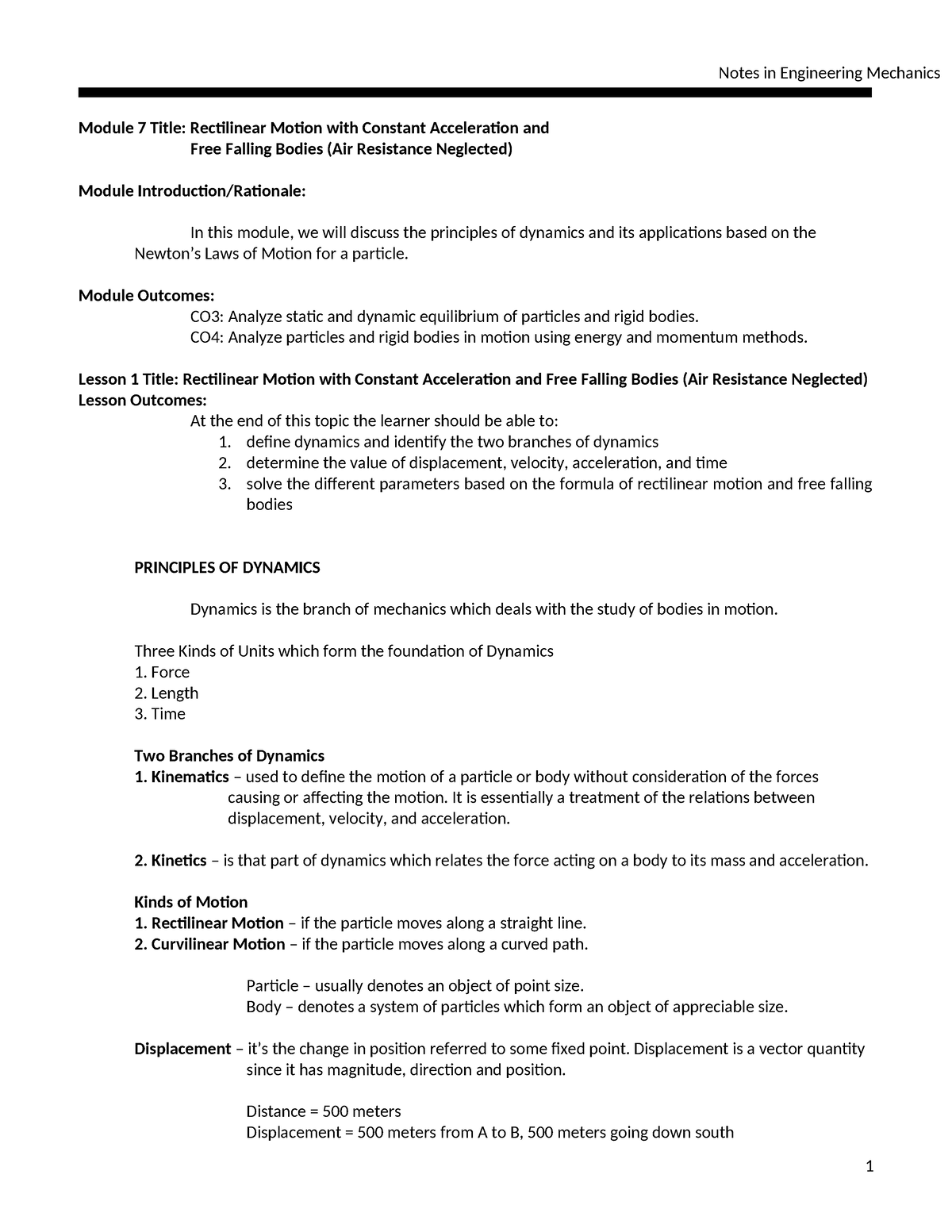 Module 7- rectilinear motion and free falling - Module 7 Title ...