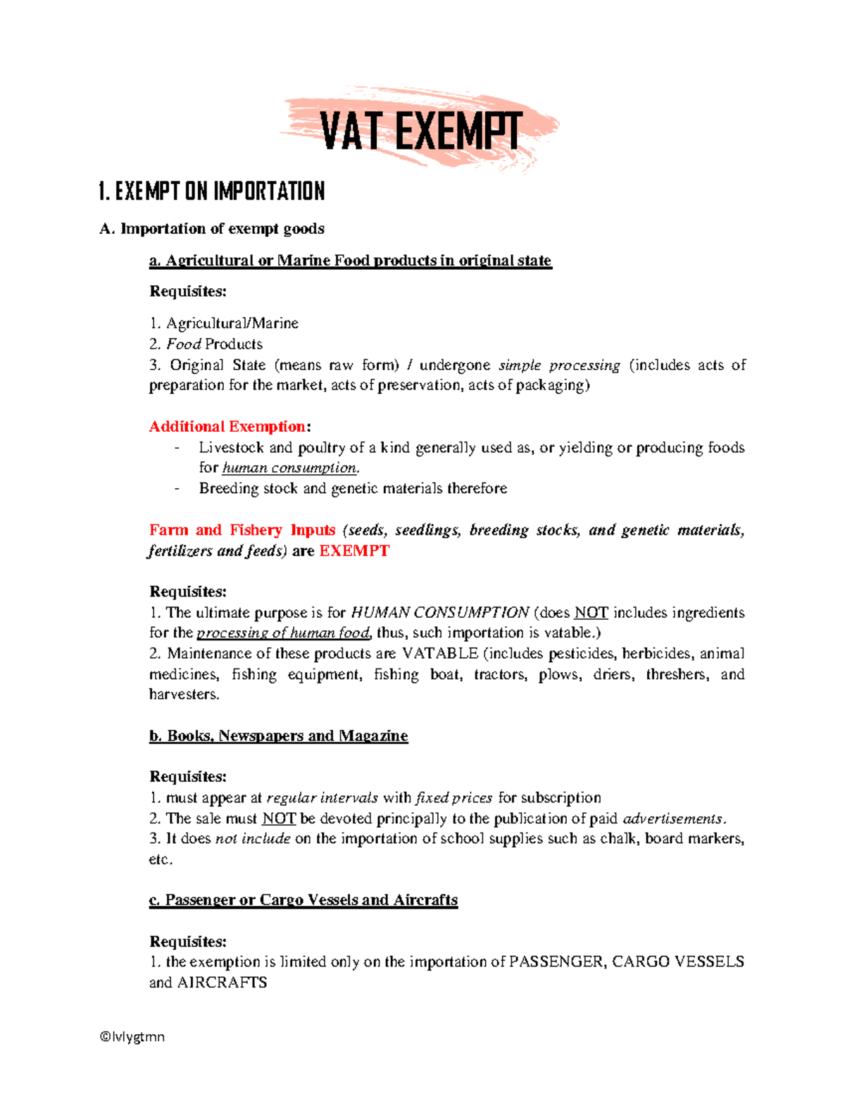 VAT Exempt Notes - BUSINESS TAX - VAT EXEMPT 1. EXEMPT ON IMPORTATION A ...