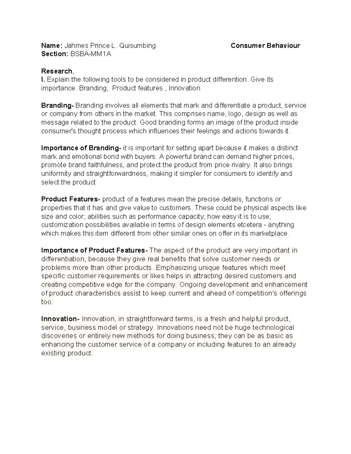 consumer behaviour - Name: Jahmes Prince L. Quisumbing Consumer ...