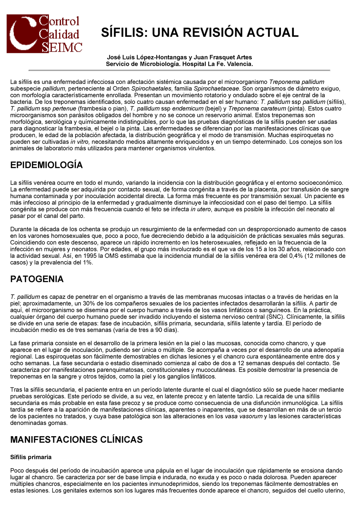 Informacion Basica De Sifilis SÍfilis Una RevisiÓn Actual José Luis López Hontangas Y Juan 1730