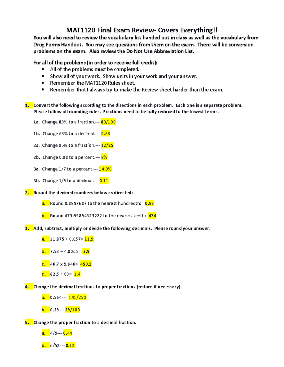 Final Exam Review Answers MAT1120 Final Exam Review Covers