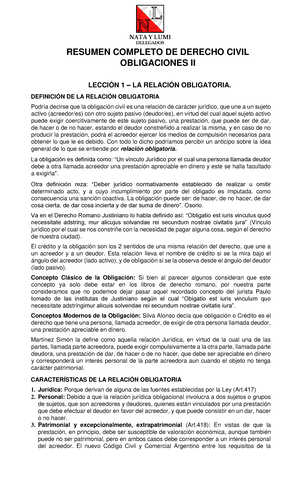 Resumen De Obligaciones - DERECHO CIVIL OBLIGACIONES. LECCIÓN I CODIGO ...