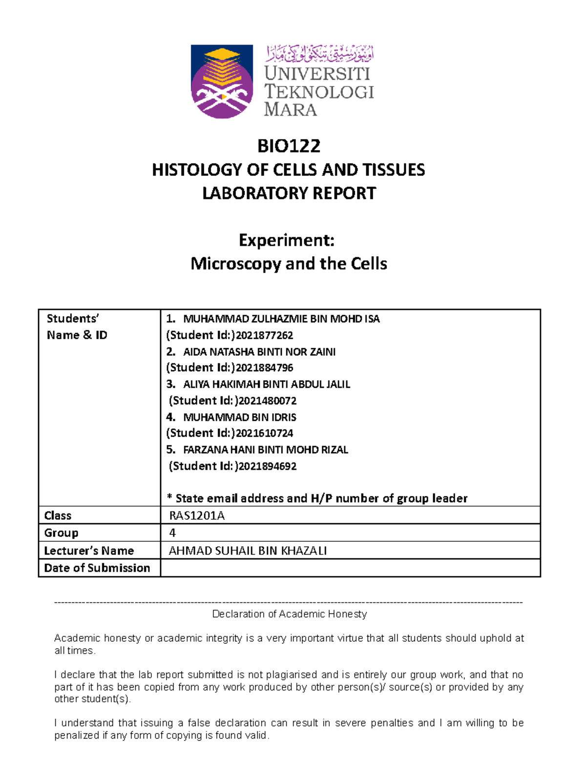 Bio lab report 133 BIO HISTOLOGY OF CELLS AND TISSUES LABORATORY