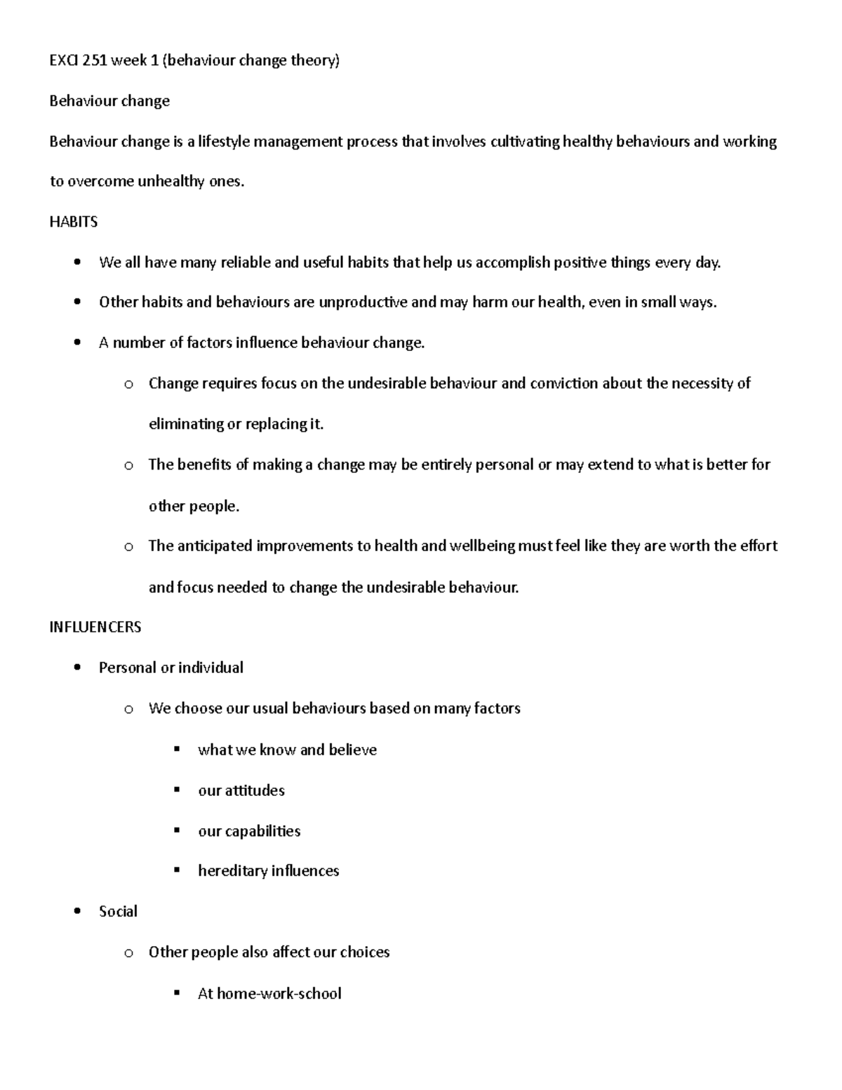 EXCI 251 Lesson 1 (behaviour change theory) - EXCI 251 week 1 ...