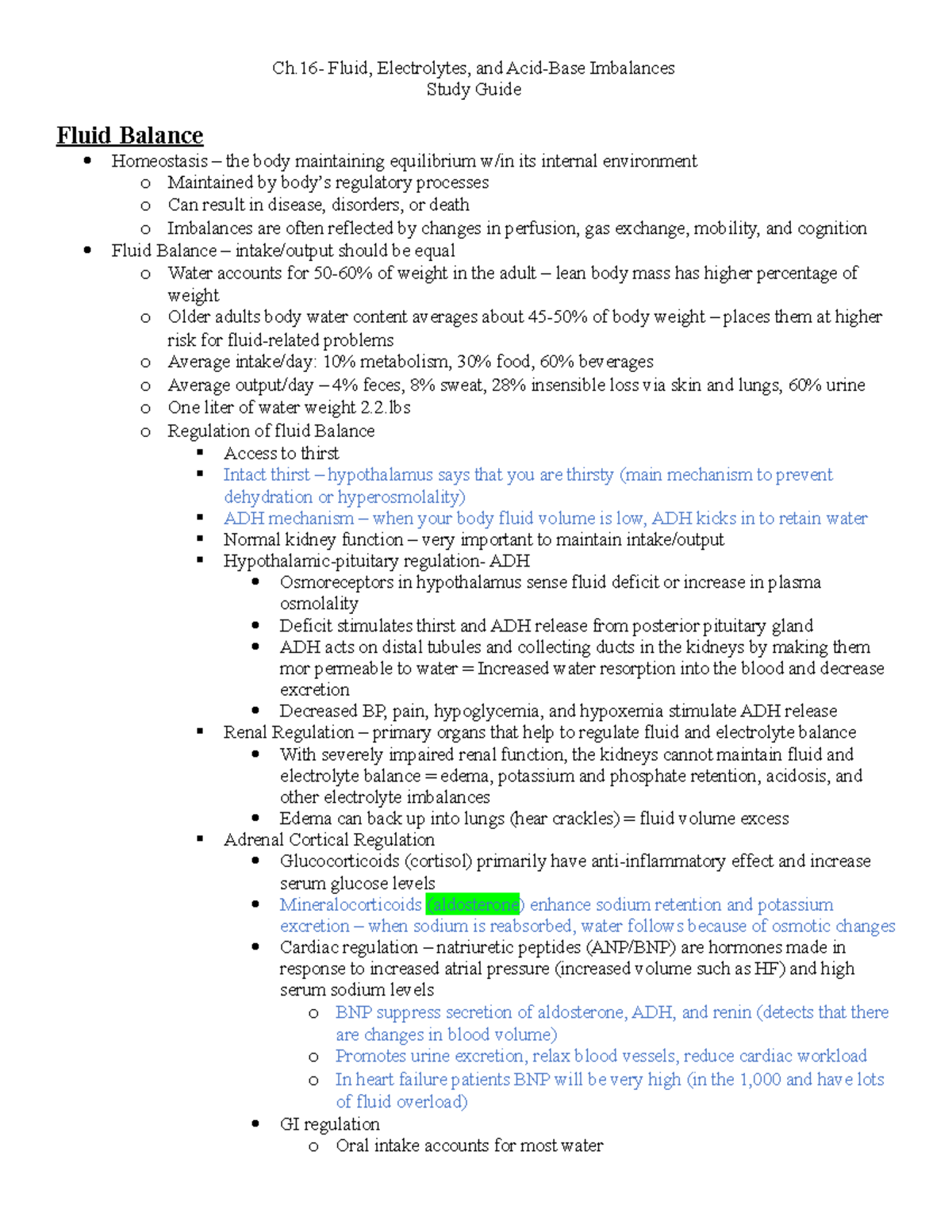 MS-Ch.16 Study Guide - med surg - Ch- Fluid, Electrolytes, and Acid ...