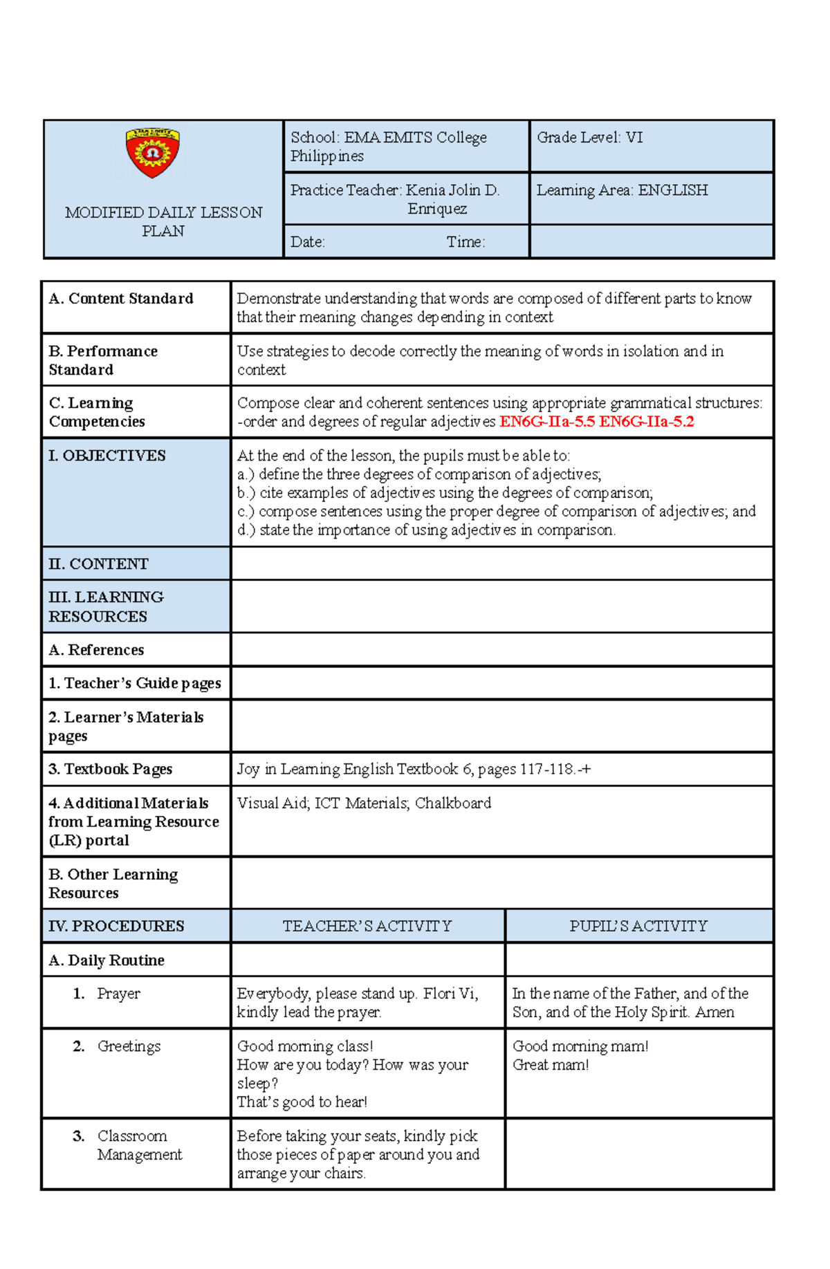 MDLP2 adjectives in comparison - MODIFIED DAILY LESSON PLAN School: EMA ...