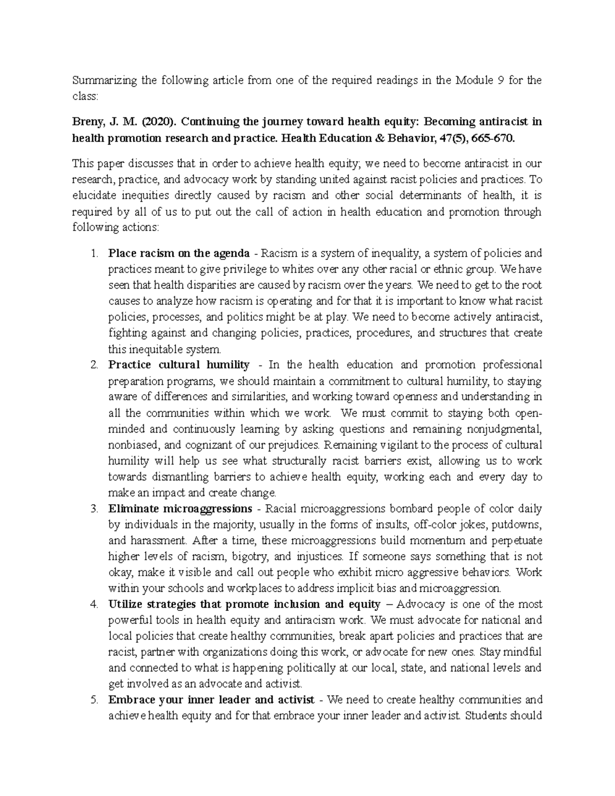 Health Equity Module 9 CINT 904 Summarizing the following article