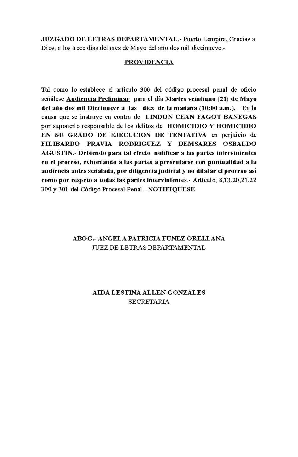 Providencia Para Señalar Audiencia Preliminar - JUZGADO DE LETRAS ...