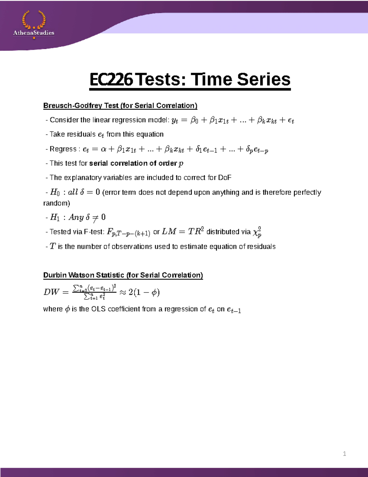 EC226 Notes - Time series - EC226 Tests: Time Series Breusch-Godfrey ...