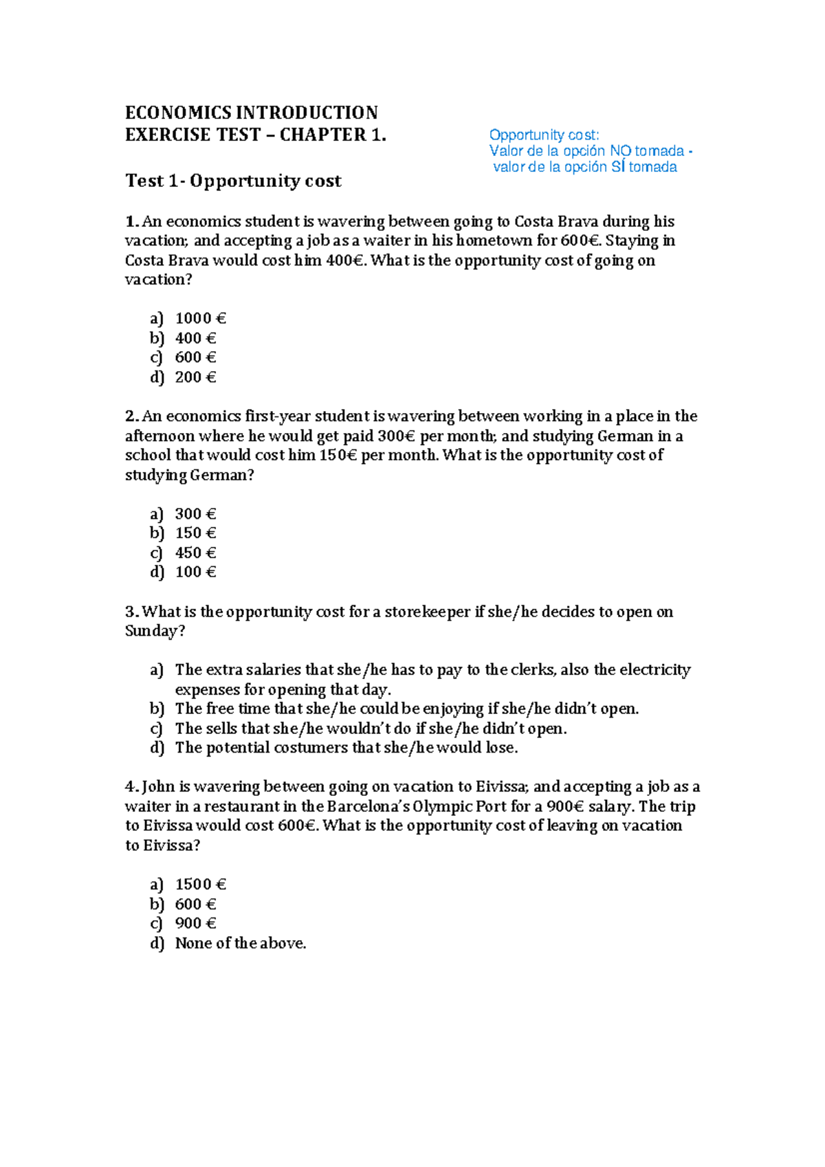 Micro Chapter 1 Multichoice Questions - ECONOMICS INTRODUCTION EXERCISE ...