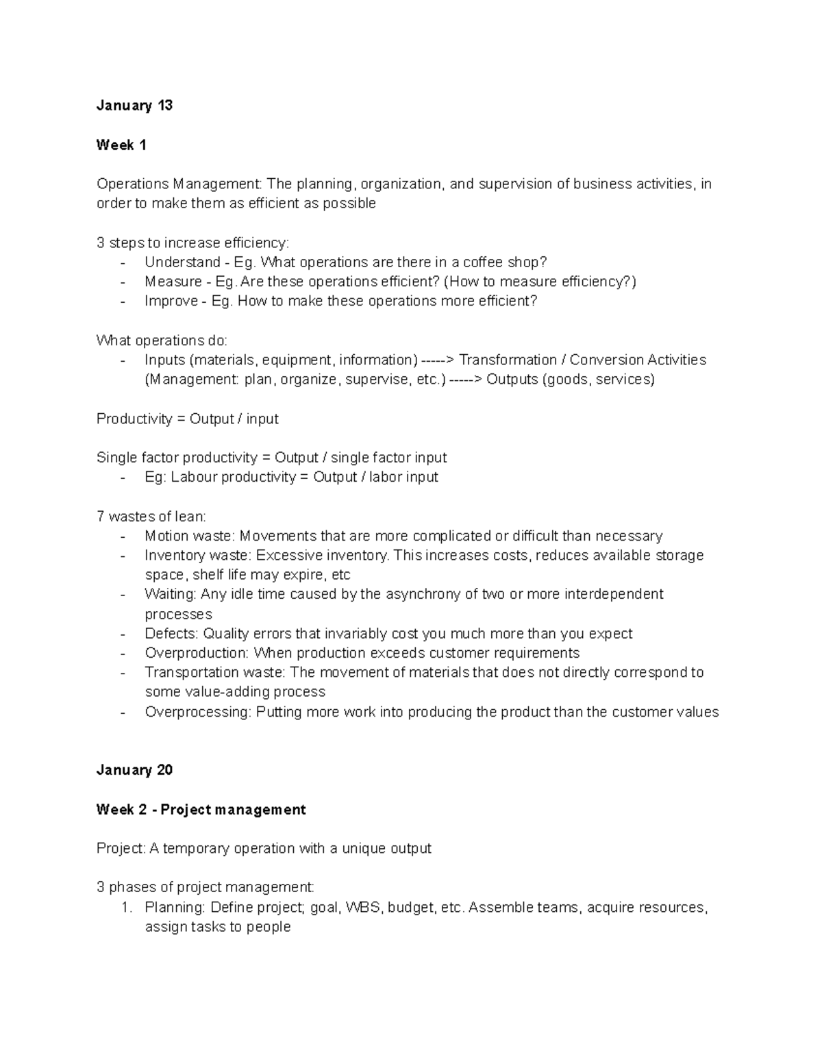 Operations Management Notes January 13 Week 1 Operations Management 