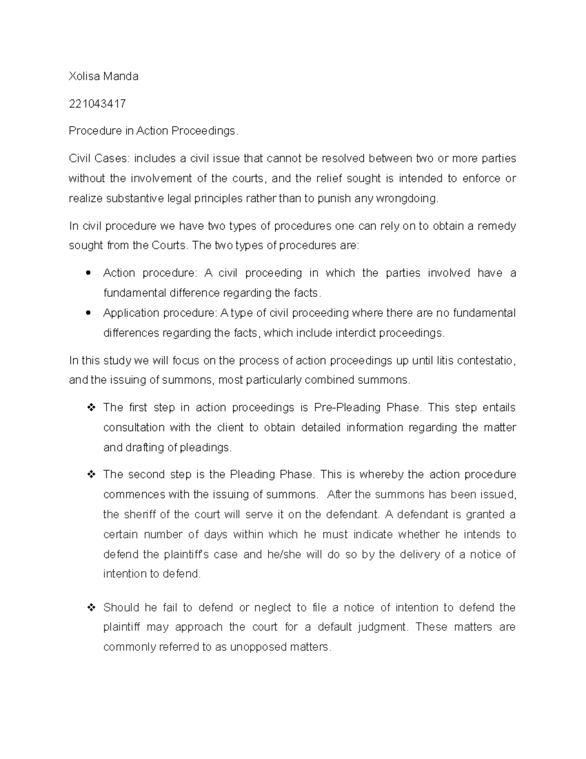 Action Proceeding - notes - Xolisa Manda 221043417 Procedure in Action ...