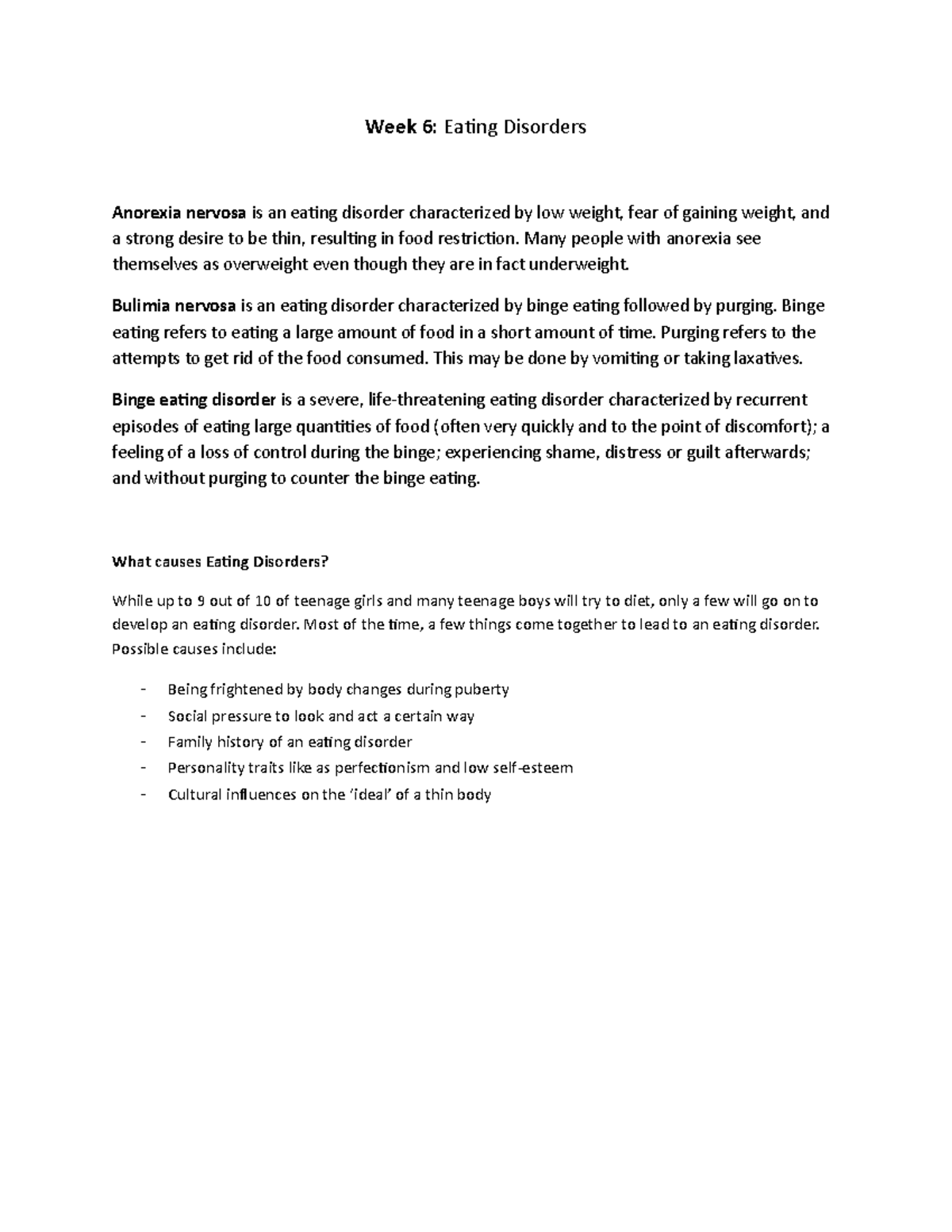 6 Eating Disorders - Lecture notes 6 - Week 6: Eating Disorders ...