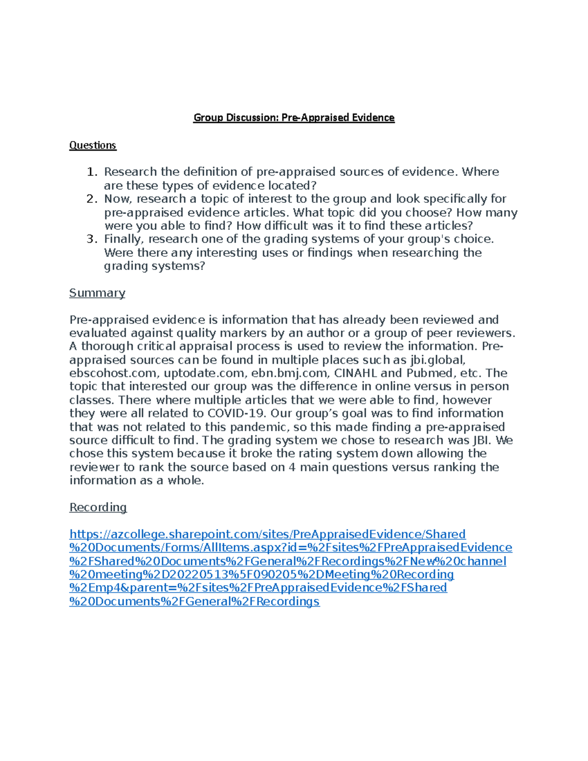 Group Discussion-Pre Appraised Evidence - Group Discussion: Pre ...
