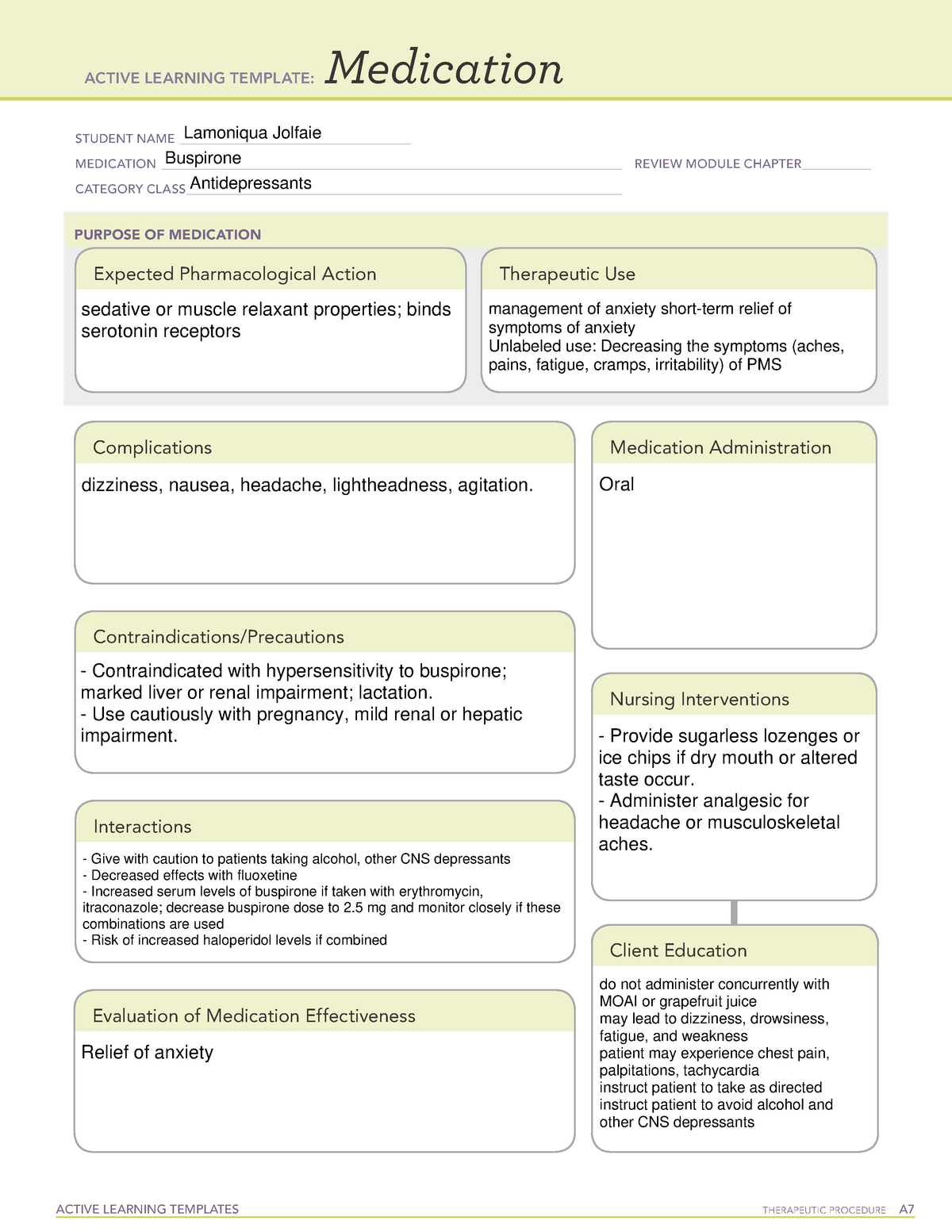 Buspirone Med Card ACTIVE LEARNING TEMPLATES THERAPEUTIC PROCEDURE A
