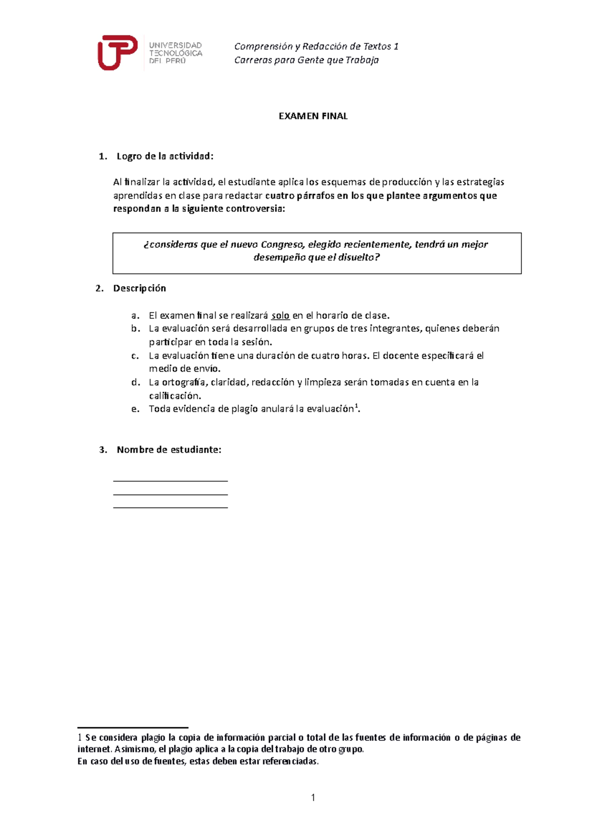 Examen Final CRT1- CGT - Comprensión Y Redacción De Textos 1 Carreras ...