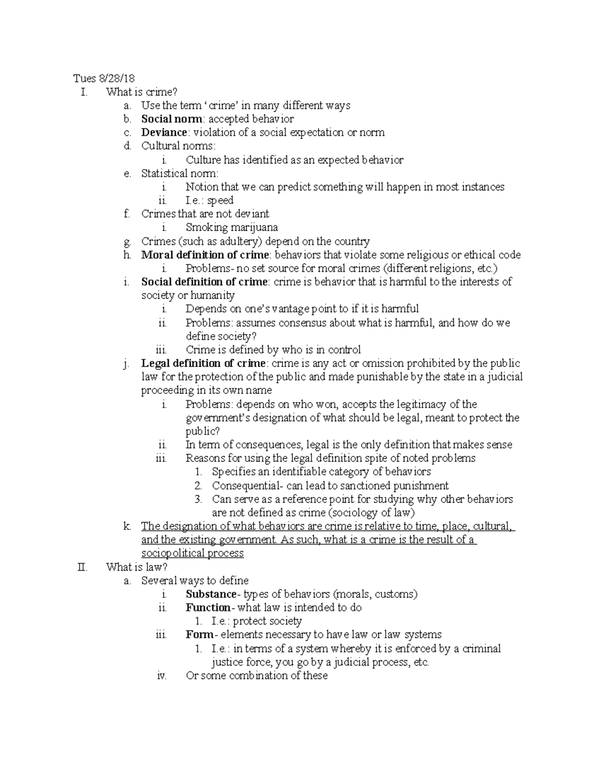 CCJ Notes Exam 1 - Tues I. What Is Crime? A. Use The Term In Many ...