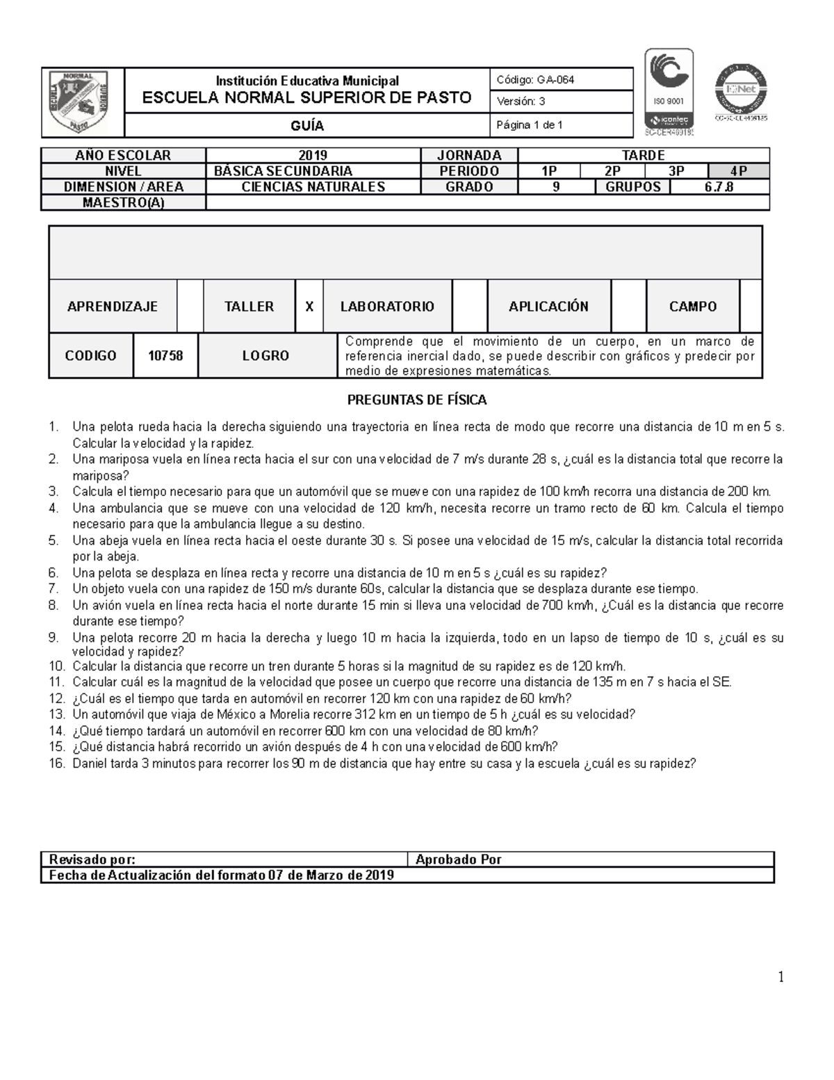 Taller Fisica Grado 9 - Comprende que el movimiento de un cuerpo, en un ...