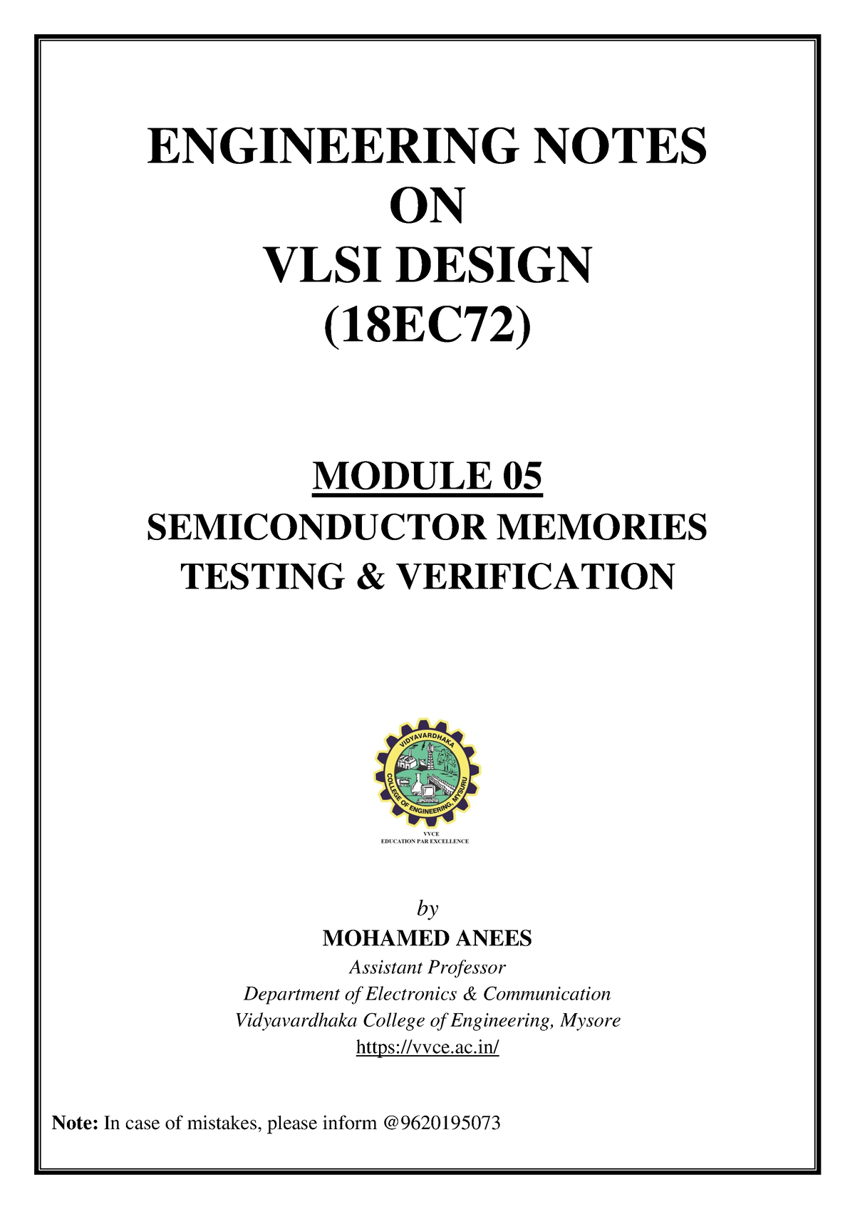 M05 18e72 Vlsi Design - ENGINEERING NOTES ON VLSI DESIGN (18EC72 ...